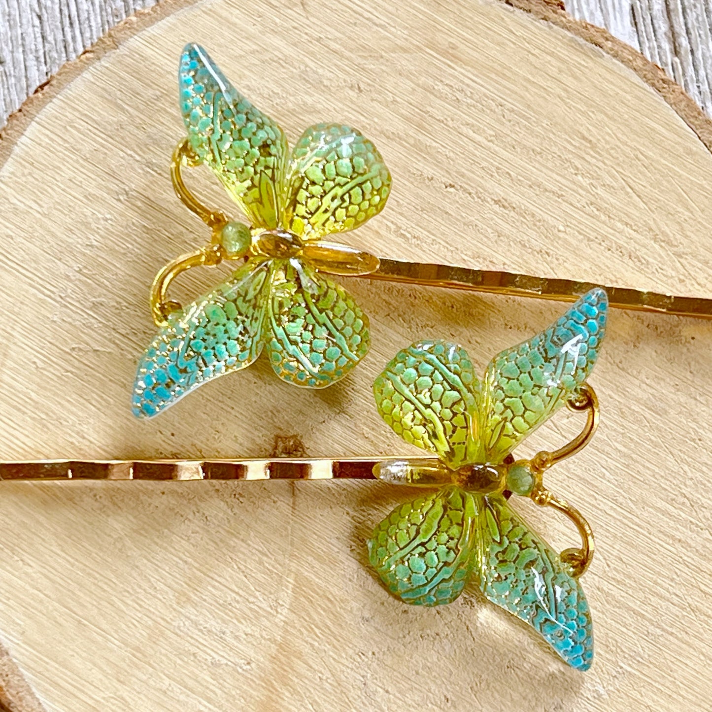 Blue, Green & Gold Butterfly Hair Pins - Elegant and Colorful Hair Accessories