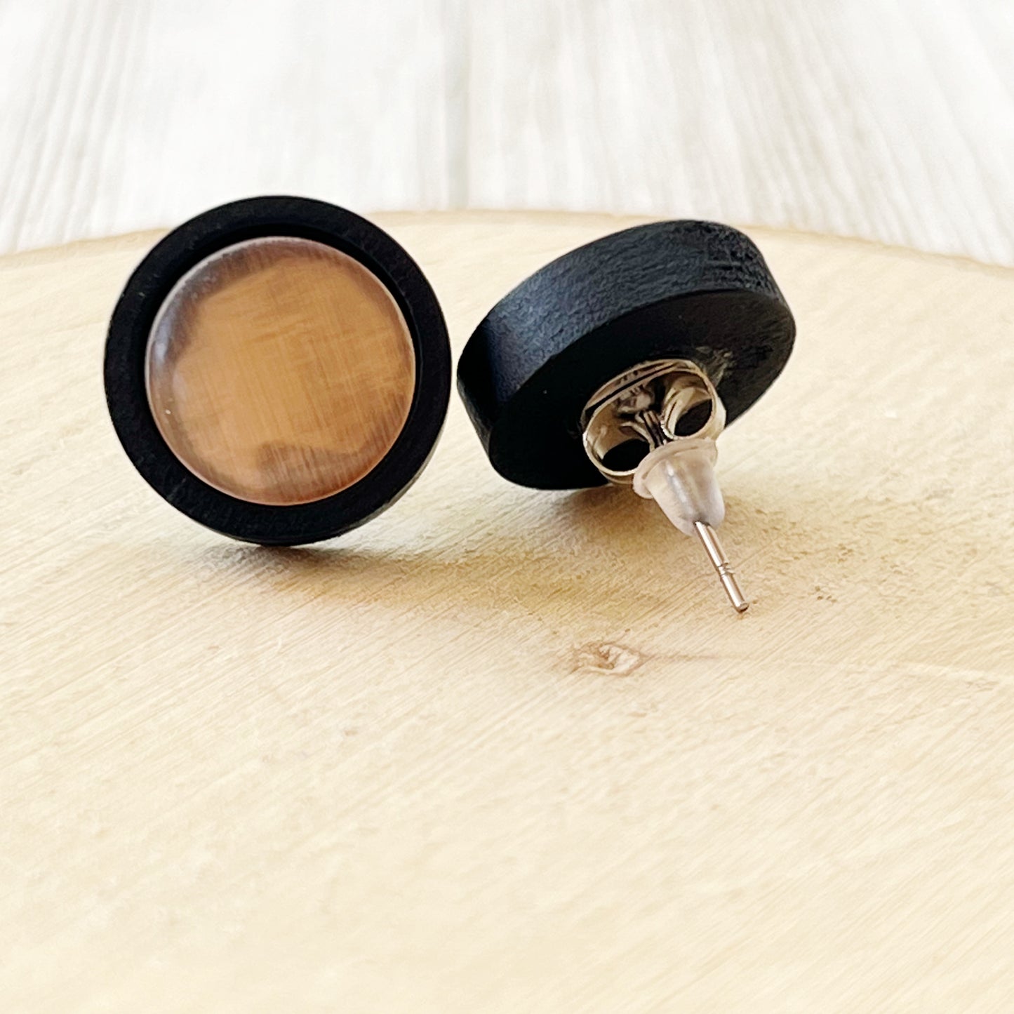 Brown Glass Black Wood Unisex Stud Earrings - Stylish & Versatile Accessories