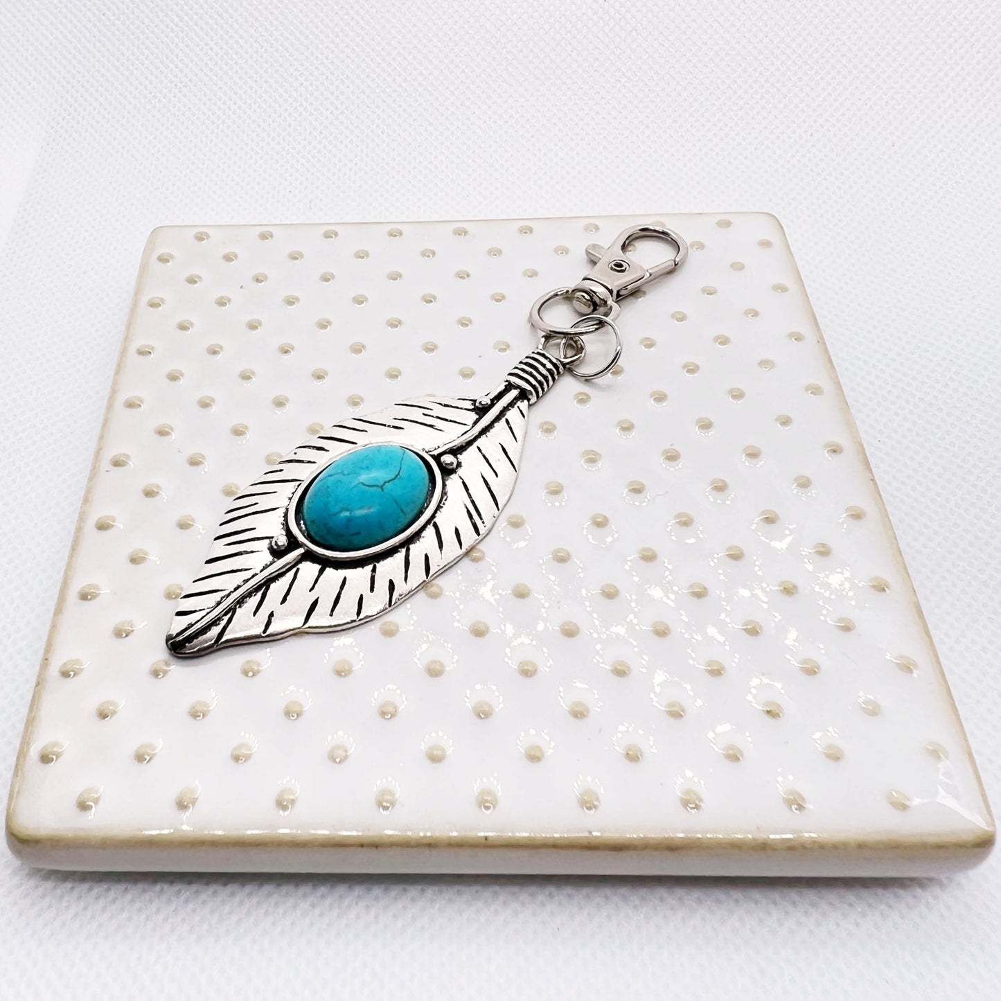 Turquoise Silver Feather Western Zipper Pull Keychain Charm