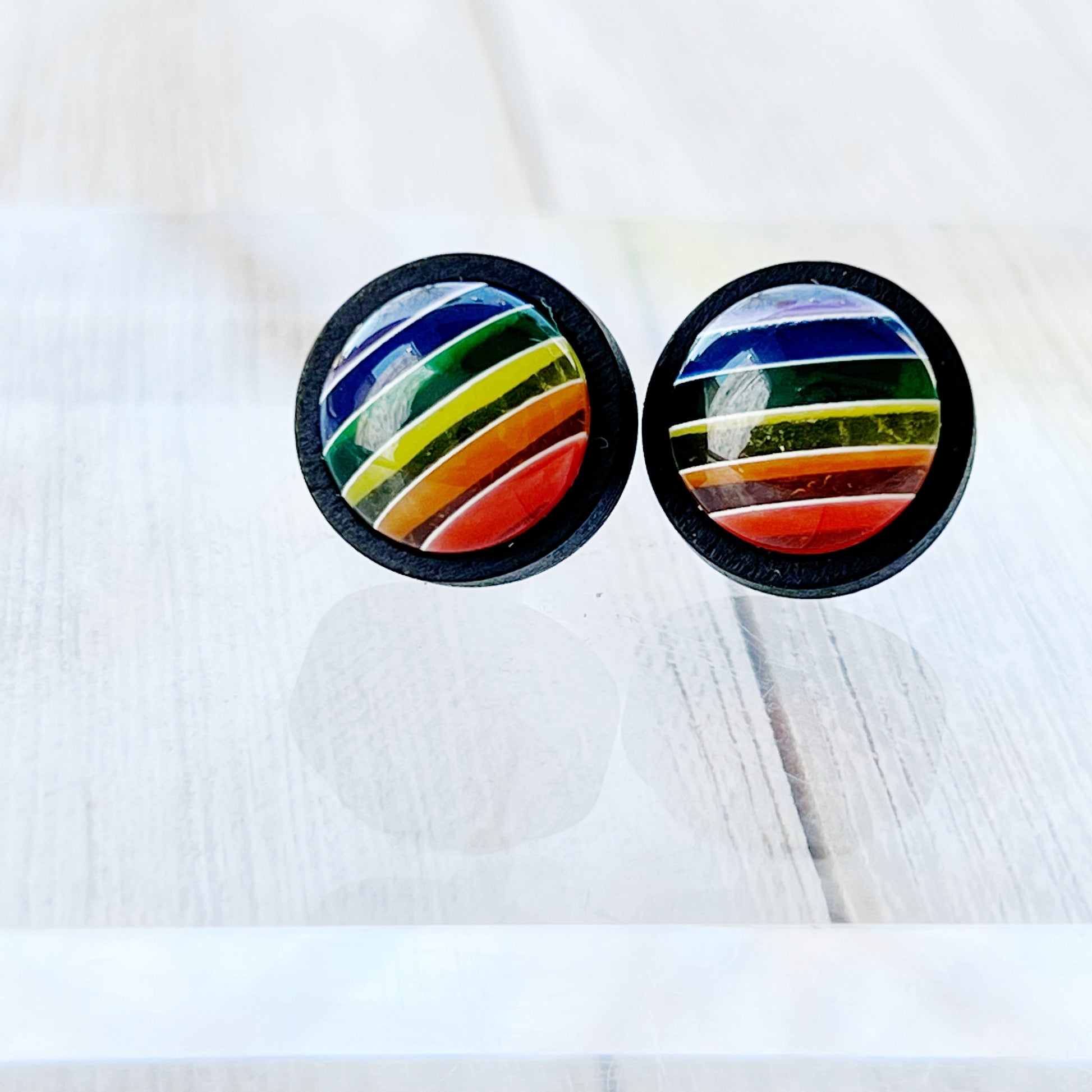 Rainbow Striped Black Wood Stud Earrings - Colorful and Unique Accessories