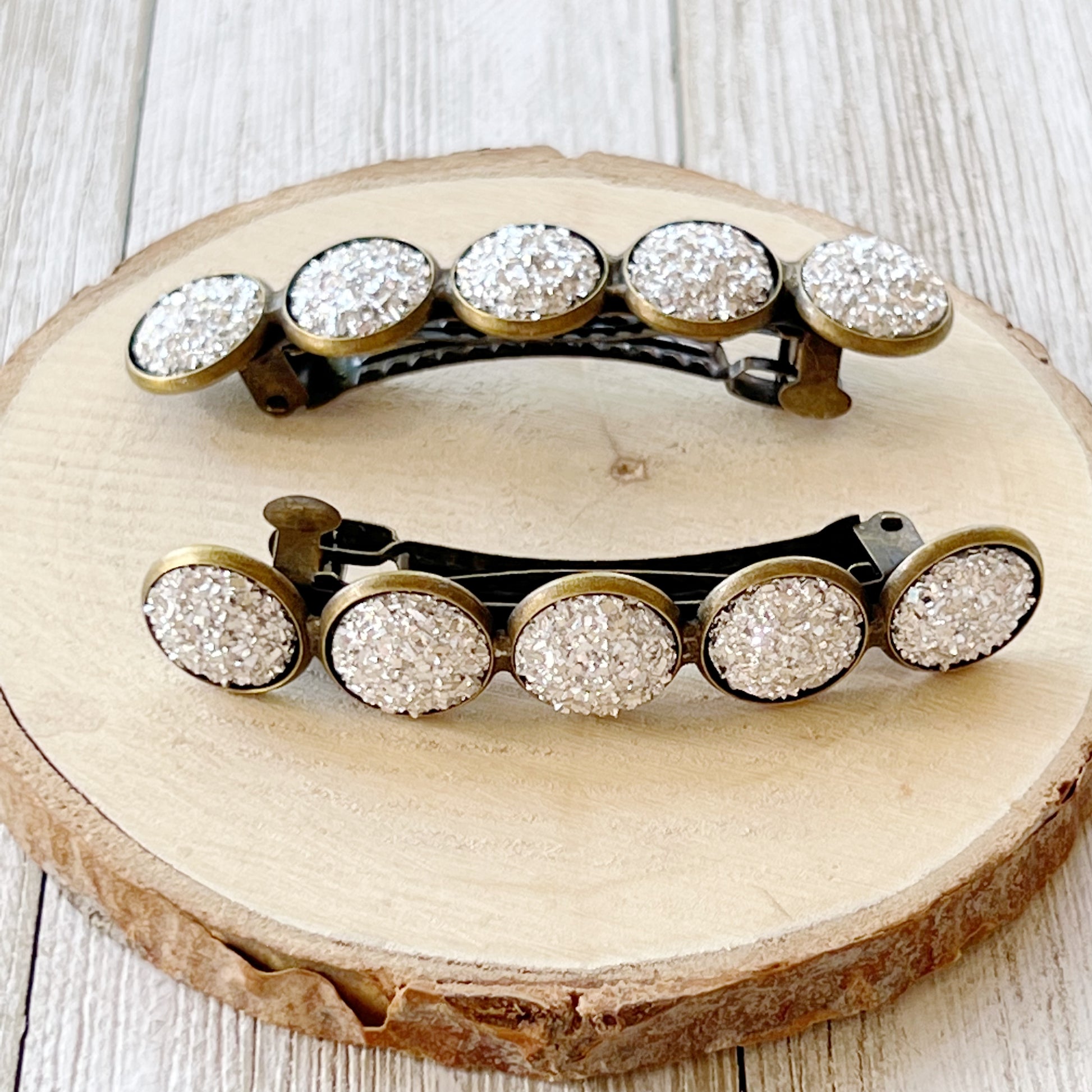 Metallic Silver Druzy Brass Barrettes - Stylish & Elegant Hair Accessories