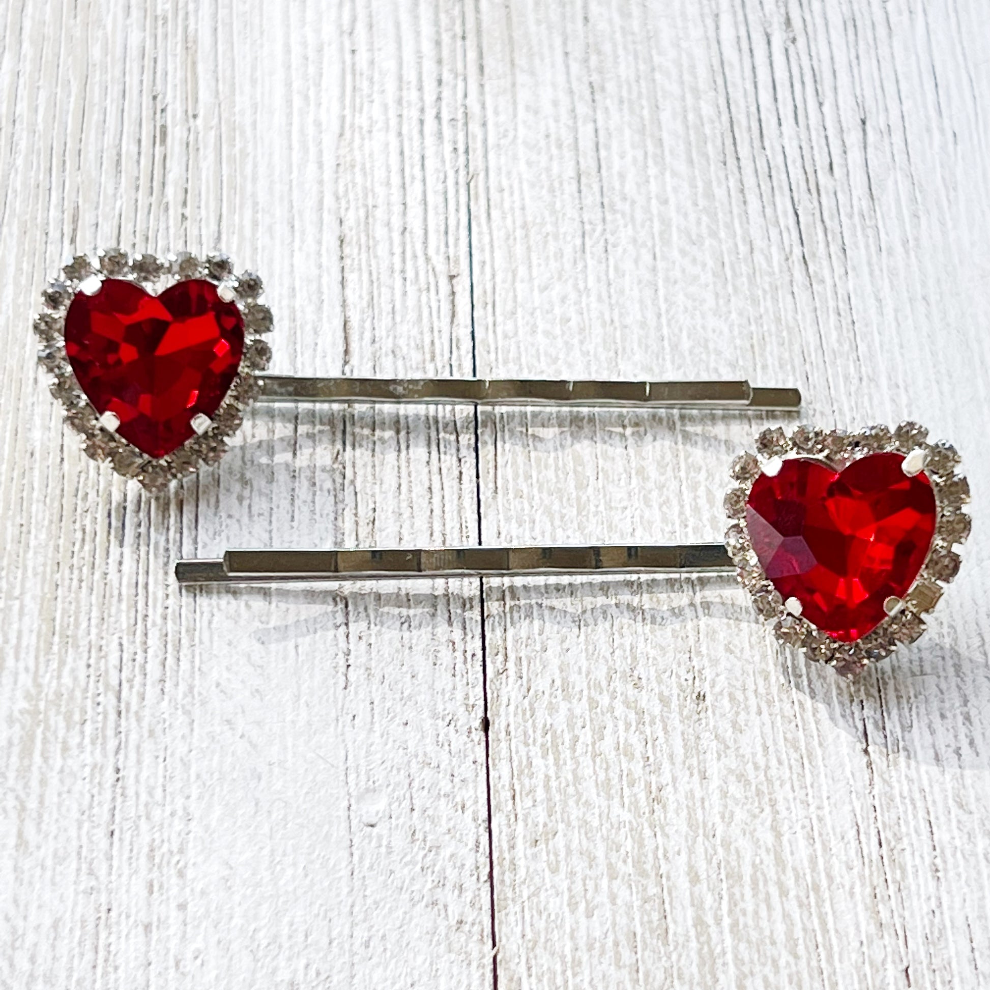 Red Rhinestone Heart Hair Pins