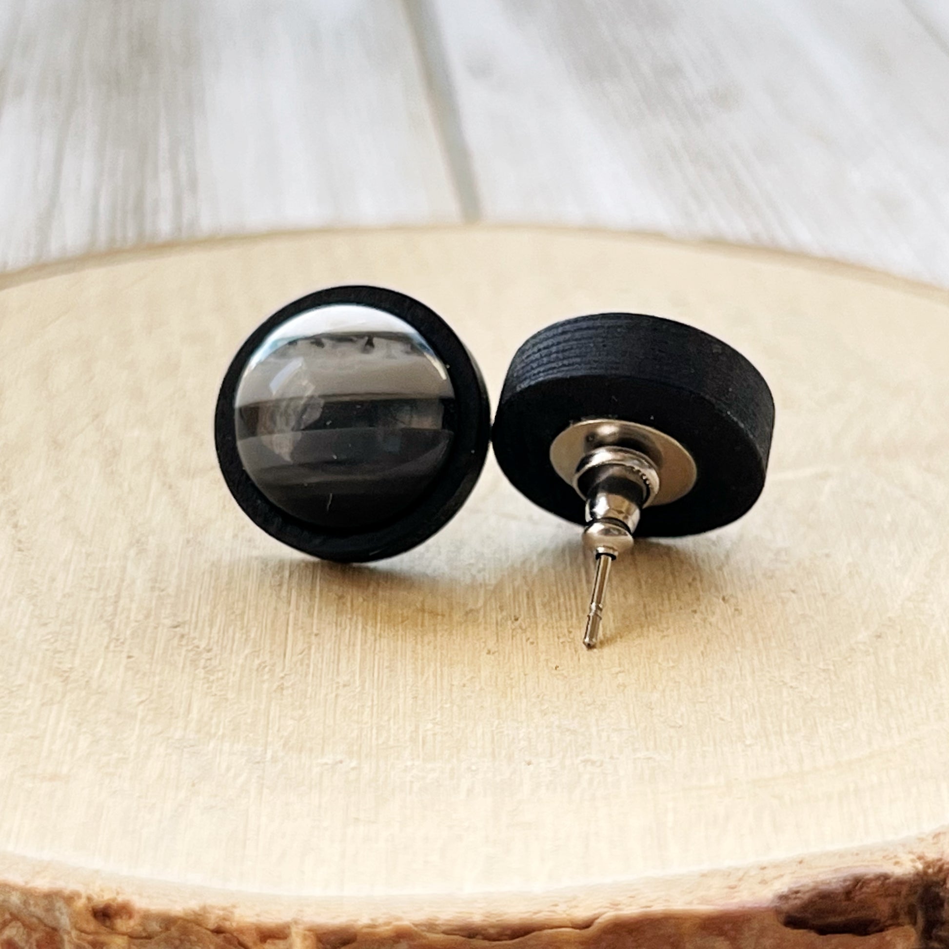 Black & White Gradient Striped Wood Earrings - Stylish Monochrome Accessories