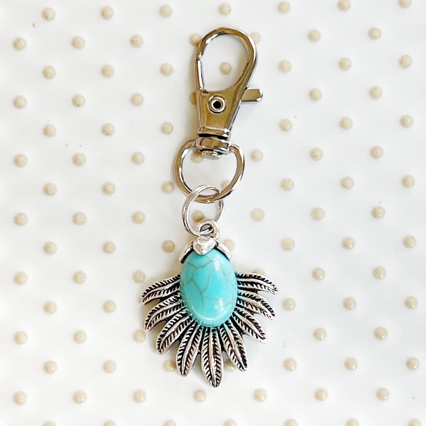 Western Zipper Pull Keychain Purse Charm: Turquoise & Silver Feather Medallion Accent