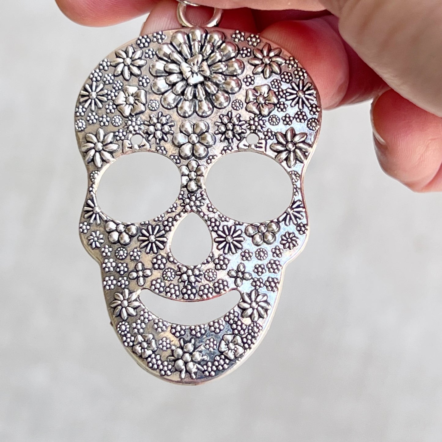 Silver Floral Skeleton Skull Zipper Pull Keychain Purse Charm