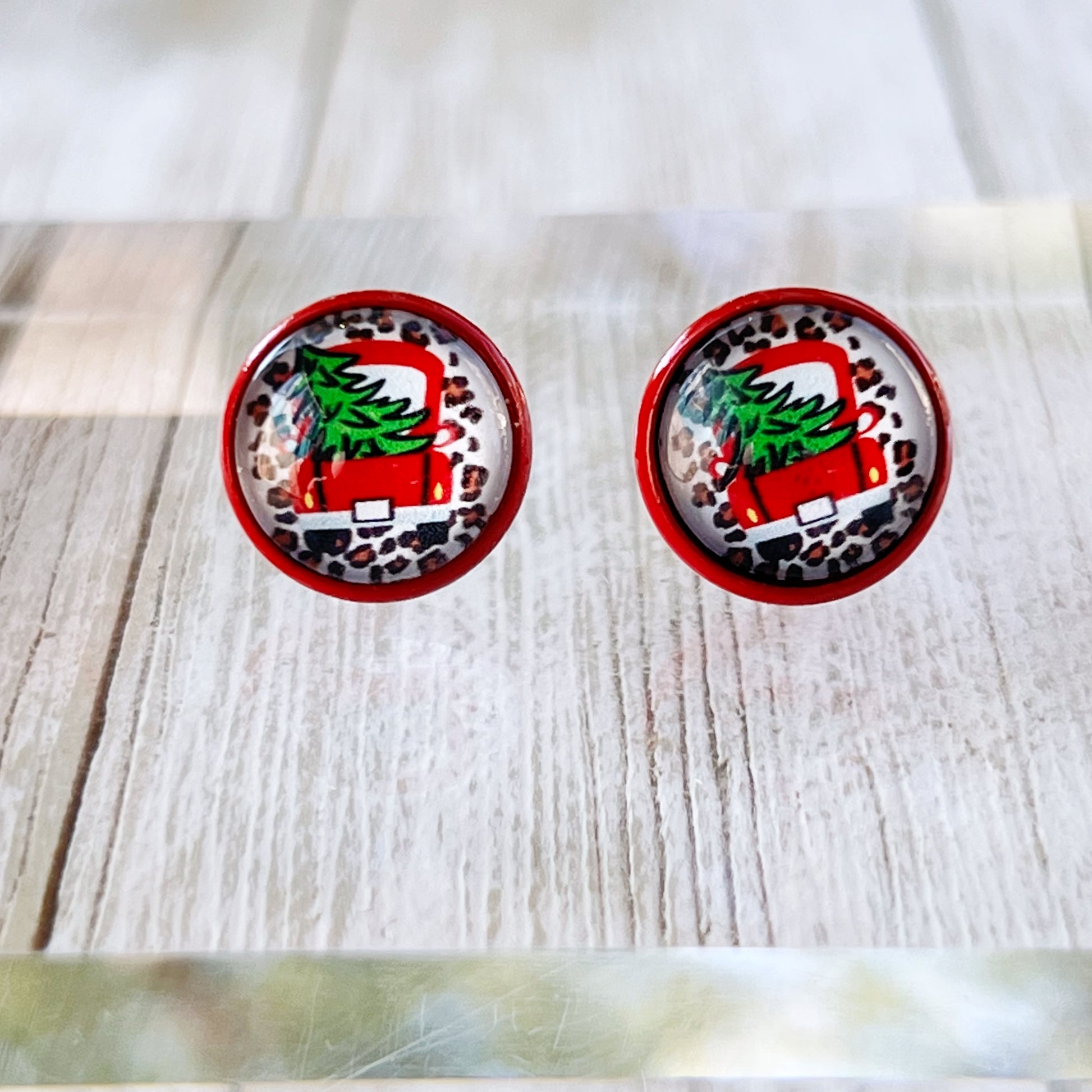 Red Truck with Christmas Tree Stud Earrings: Rustic Farmhouse Holiday Charm for Your Ears