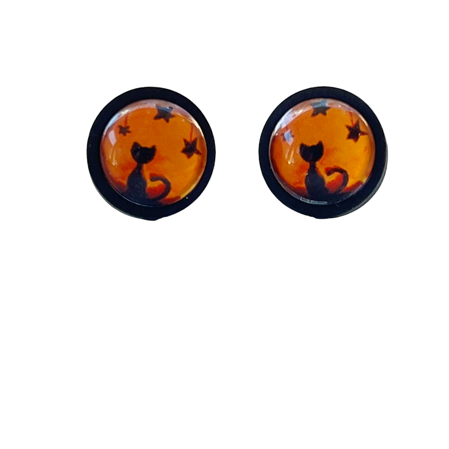 Black Cat Halloween Orange & Black Wood Stud Earring - Spooky & Stylish Accessory