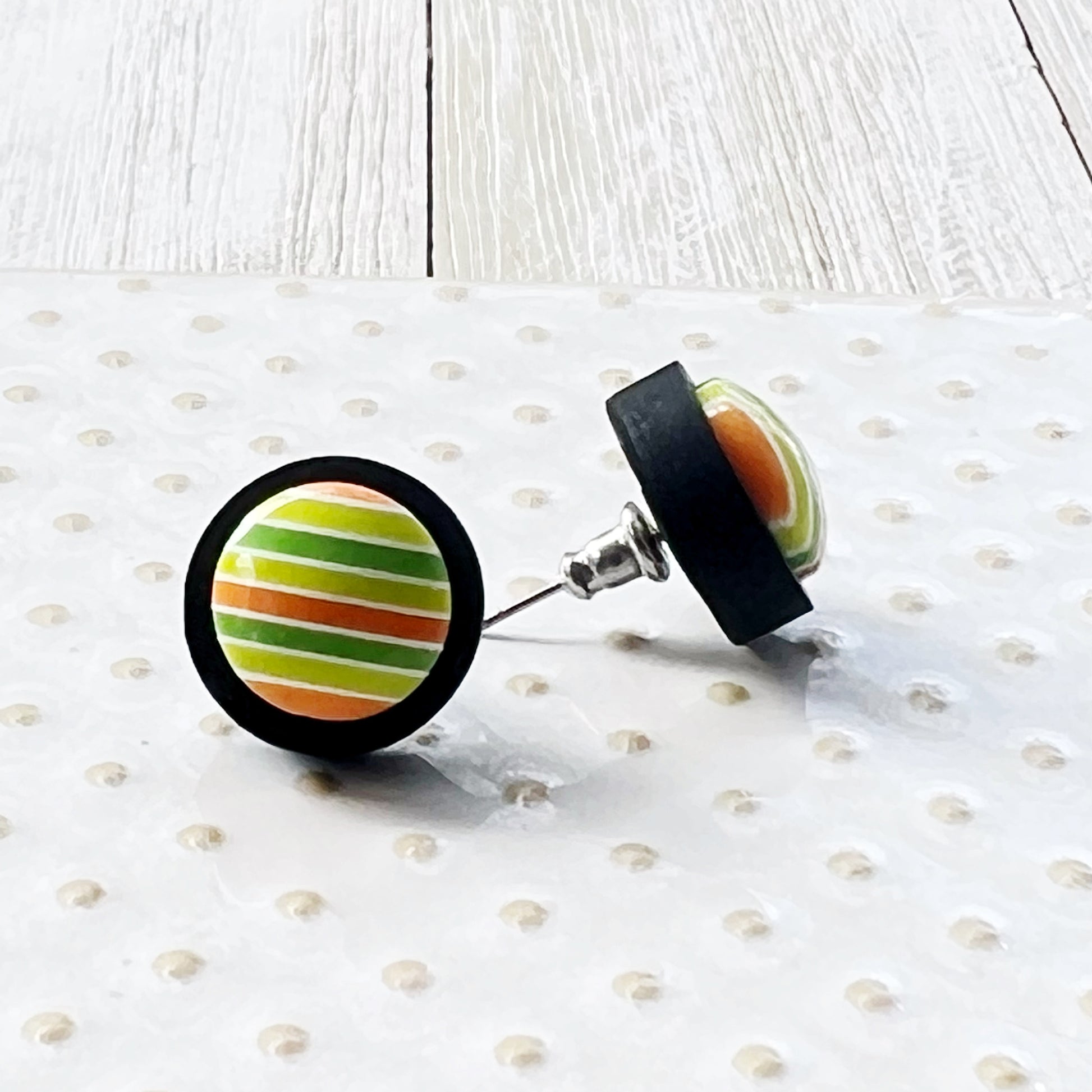 Green & Orange Striped Black Wood Stud Earrings - Unique and Colorful Accessories