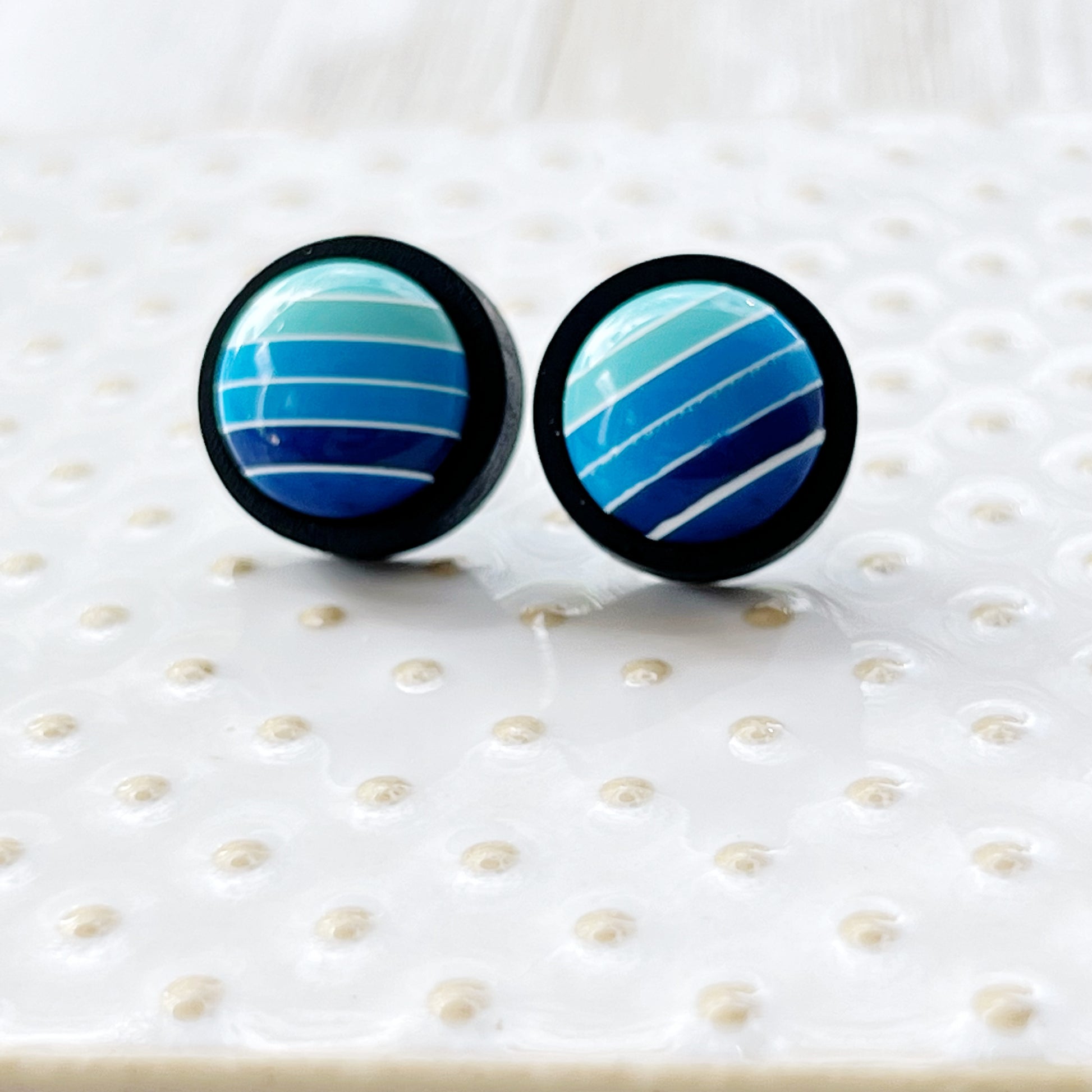 Blue Gradient Striped Black Wood Earrings - Stylish Contemporary Accessories