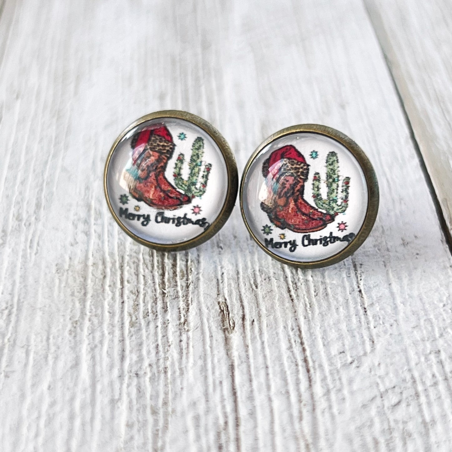 Western Cactus & Boot Merry Christmas Stud Earrings: Festive Southwest Charm