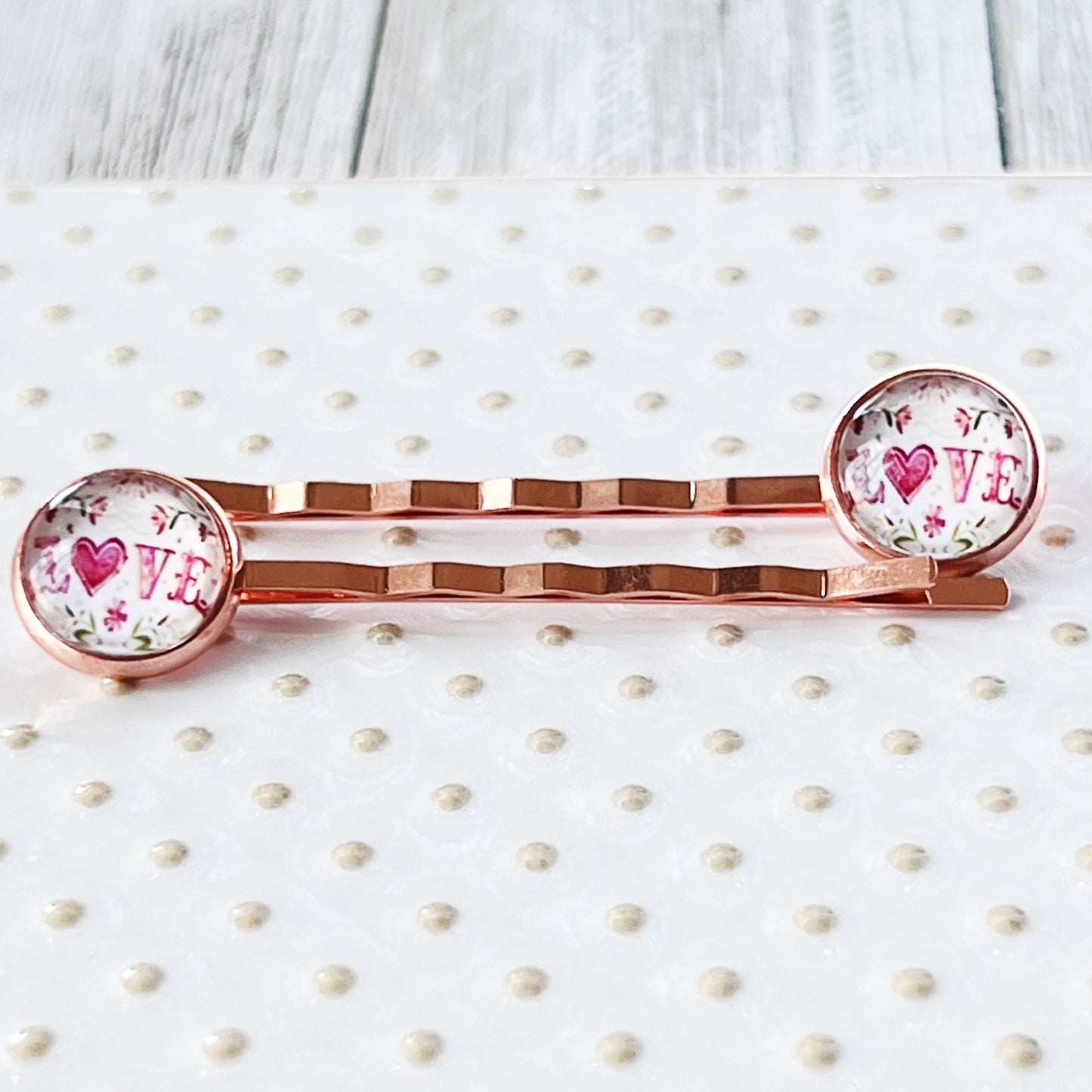 Rose Gold Floral Pink Love Heart Hair Pins