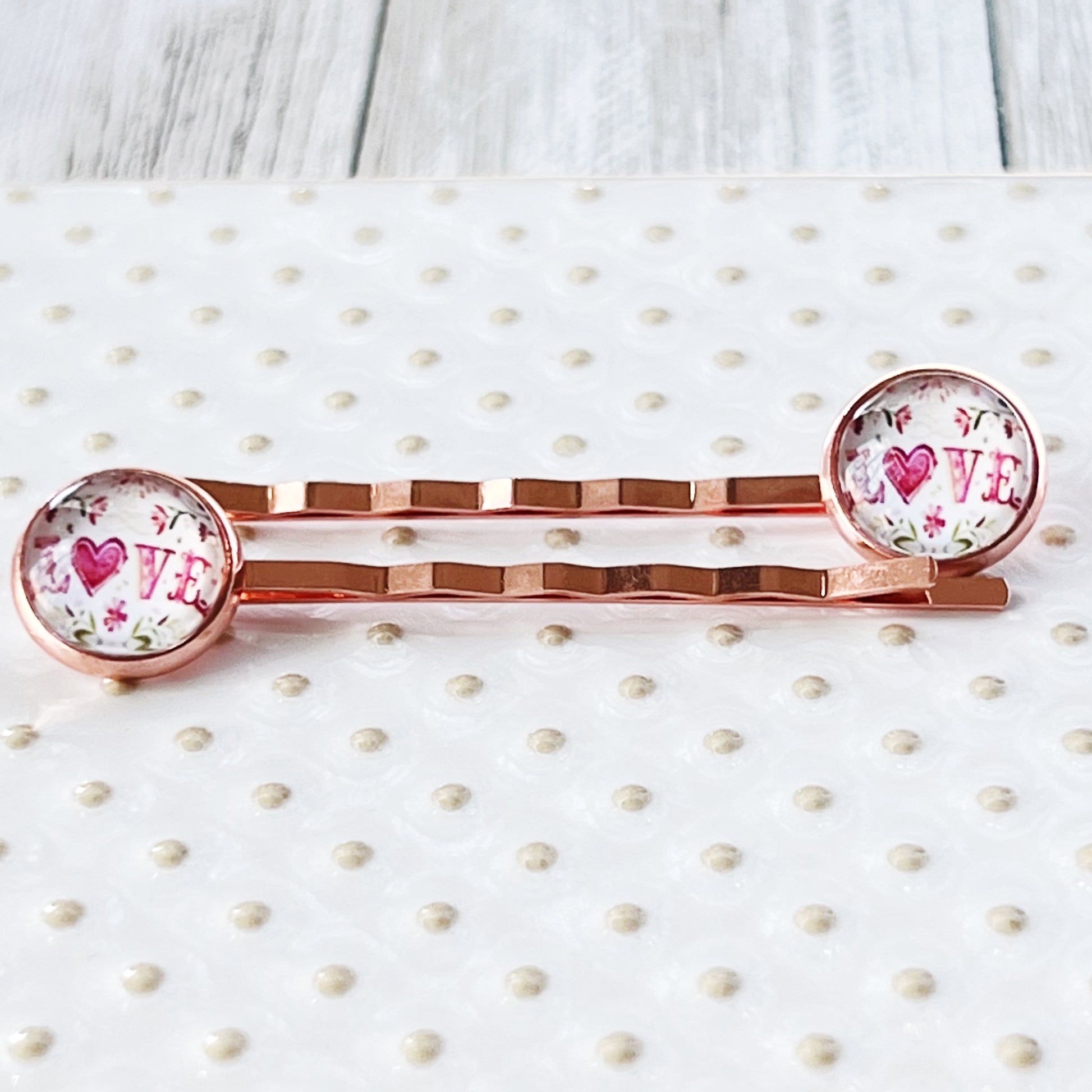 Rose Gold Floral Pink Love Heart Hair Pins