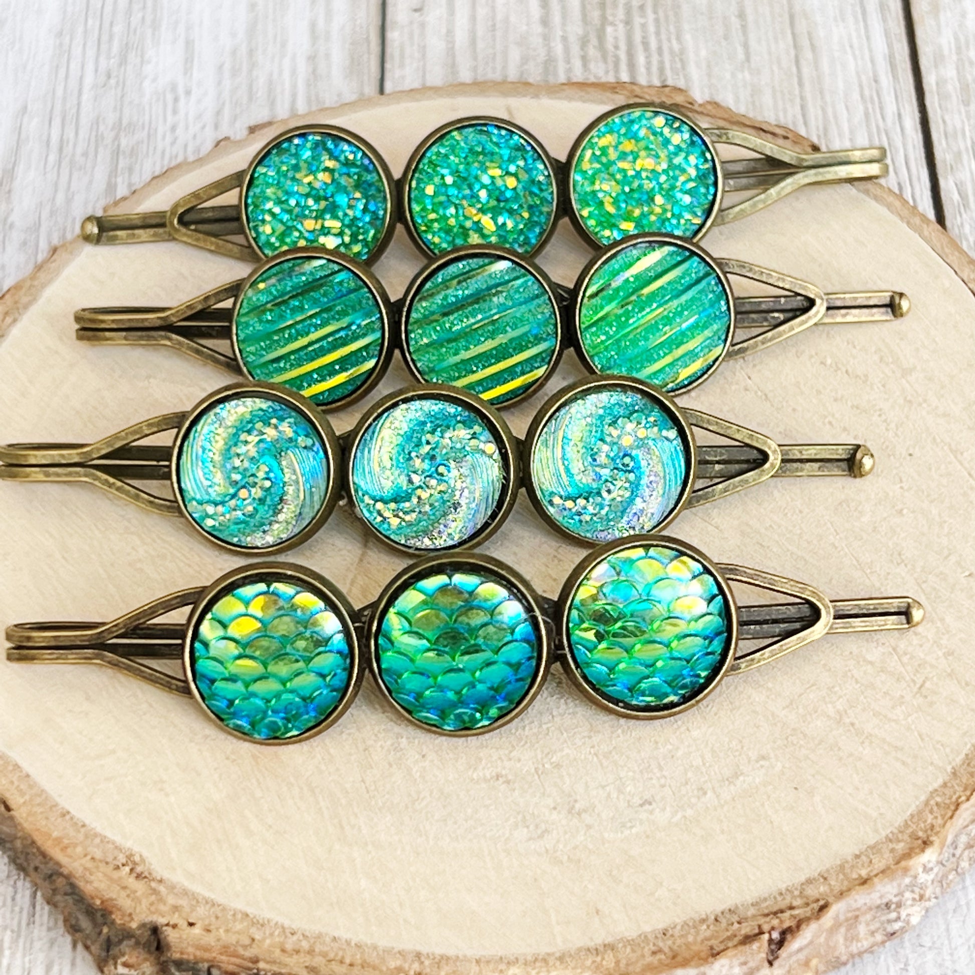 Green Glitter Druzy Hair Pin Set - Set of 4 with Unique Pattern Designs