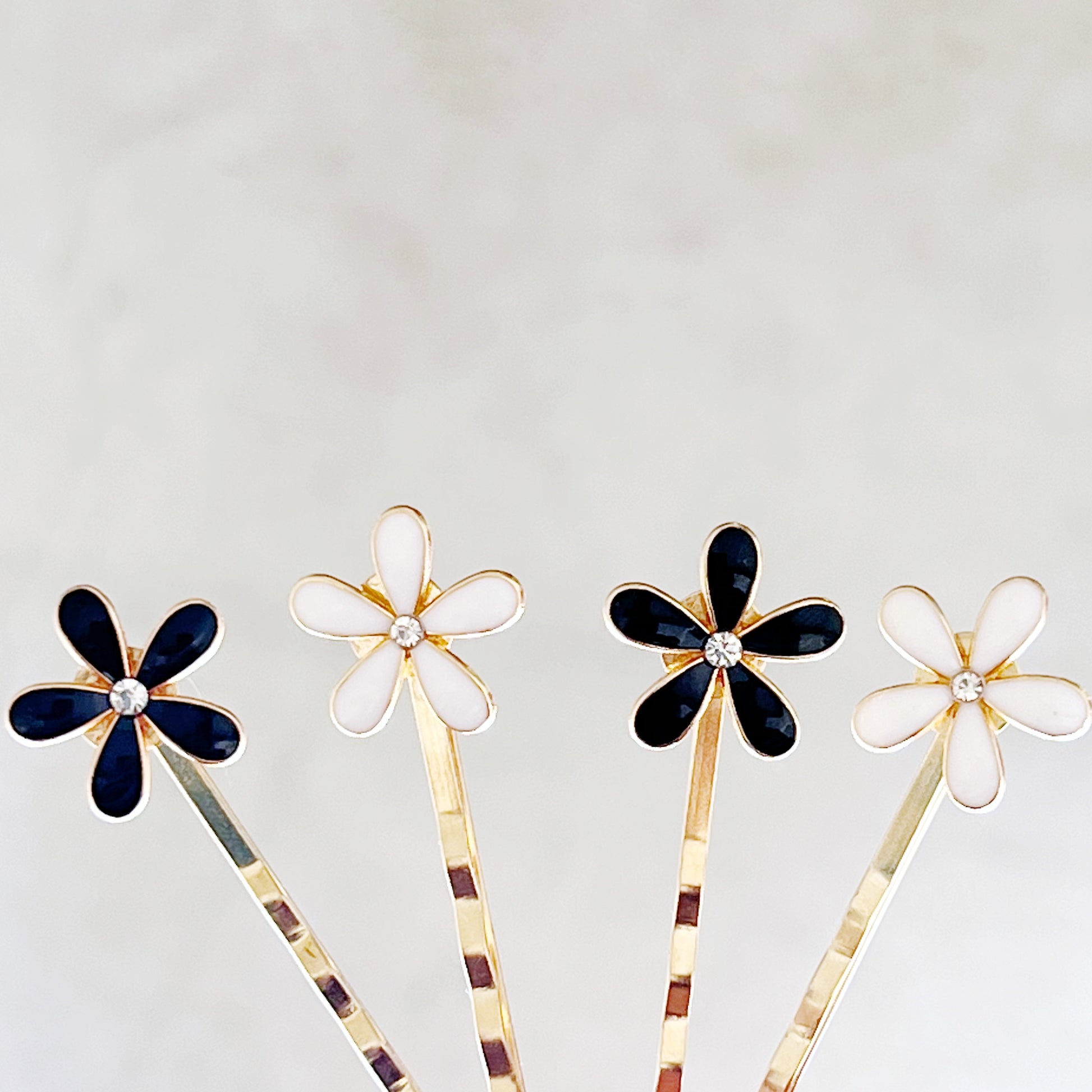 Black & White Enamel Rhinestone Flower Hair Pins - Elegant Floral Hair Accessories