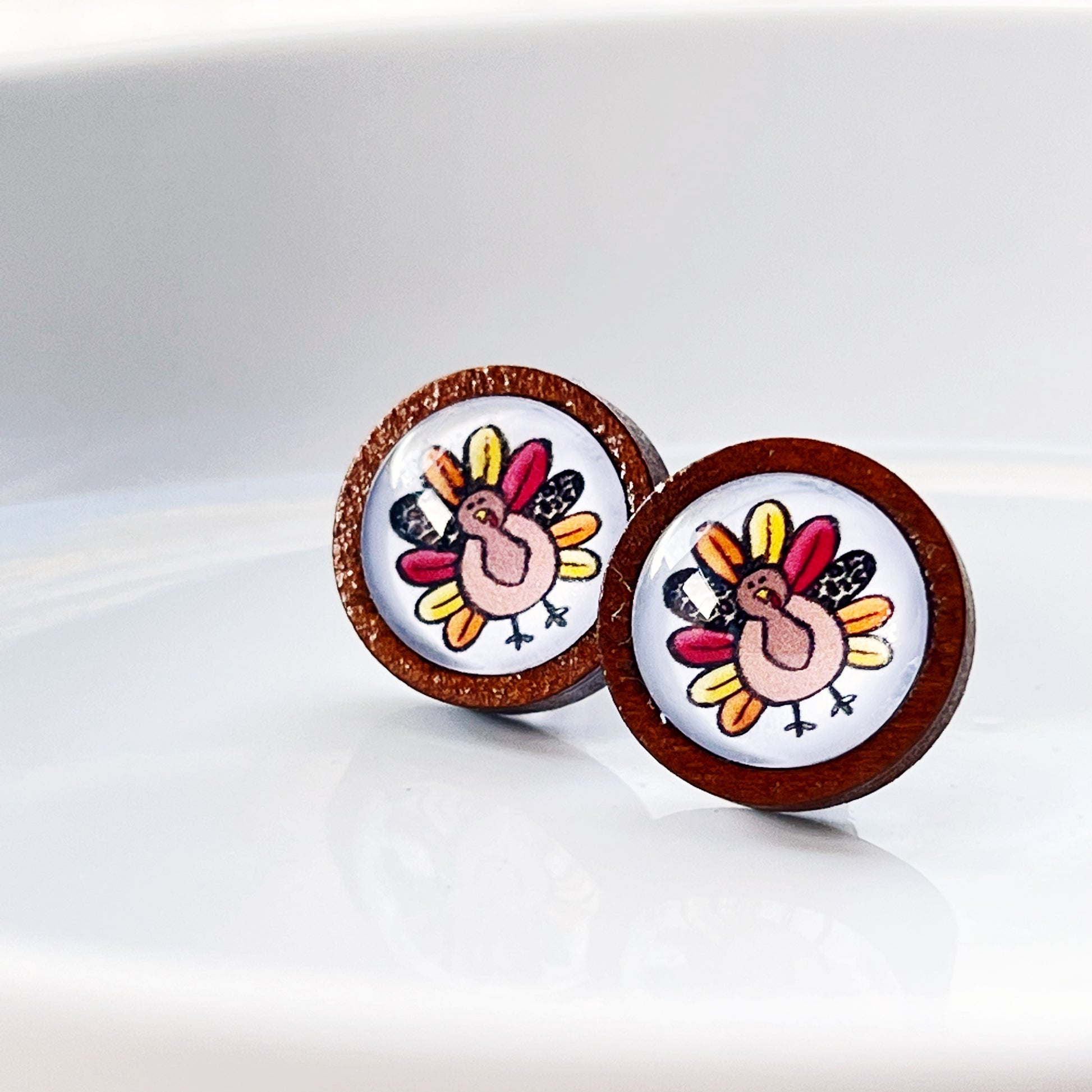 Thanksgiving Turkey Wood Stainless Steel Stud Earring