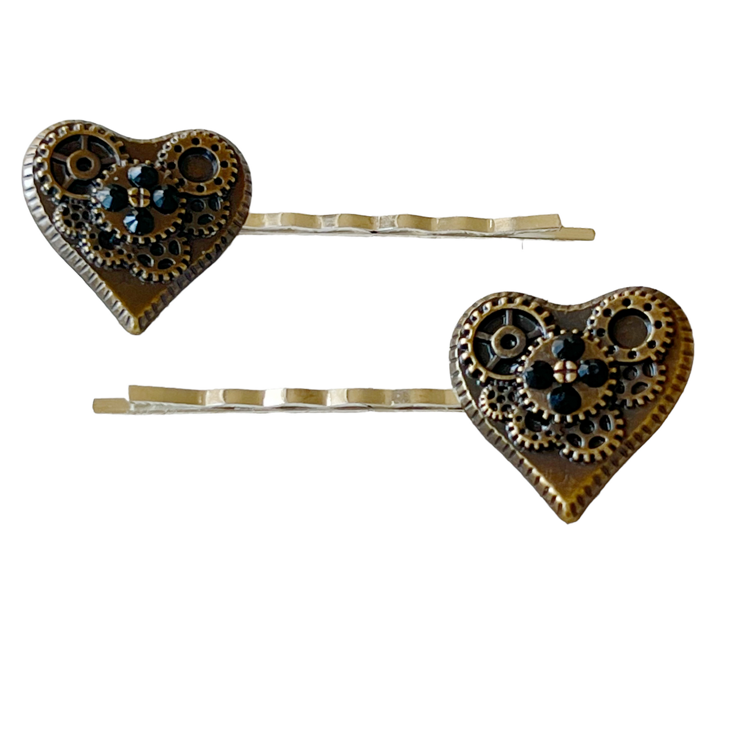 Steampunk Gear Hearts with Black Rhinestones Hair Pin