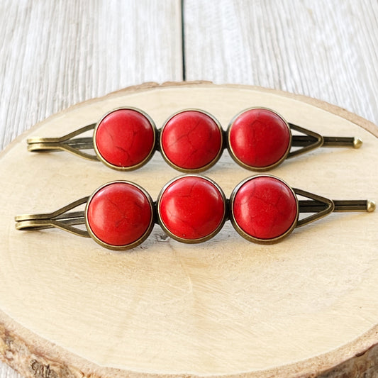 Red Stone Hair Pins