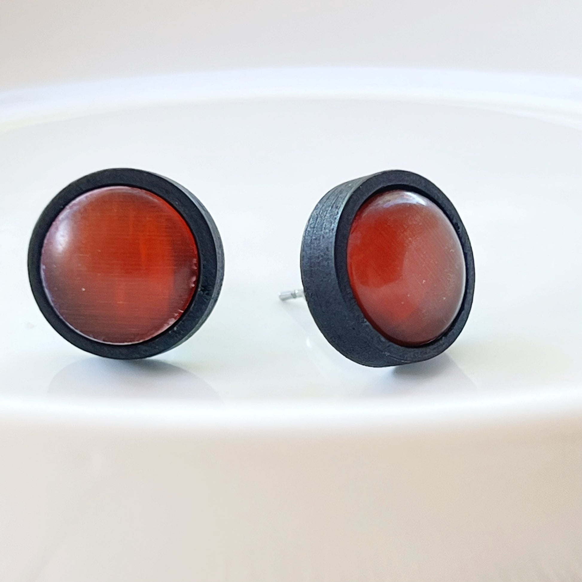 Orange Resin Black Wood Unisex Stud Earrings - Unique & Stylish Accessories