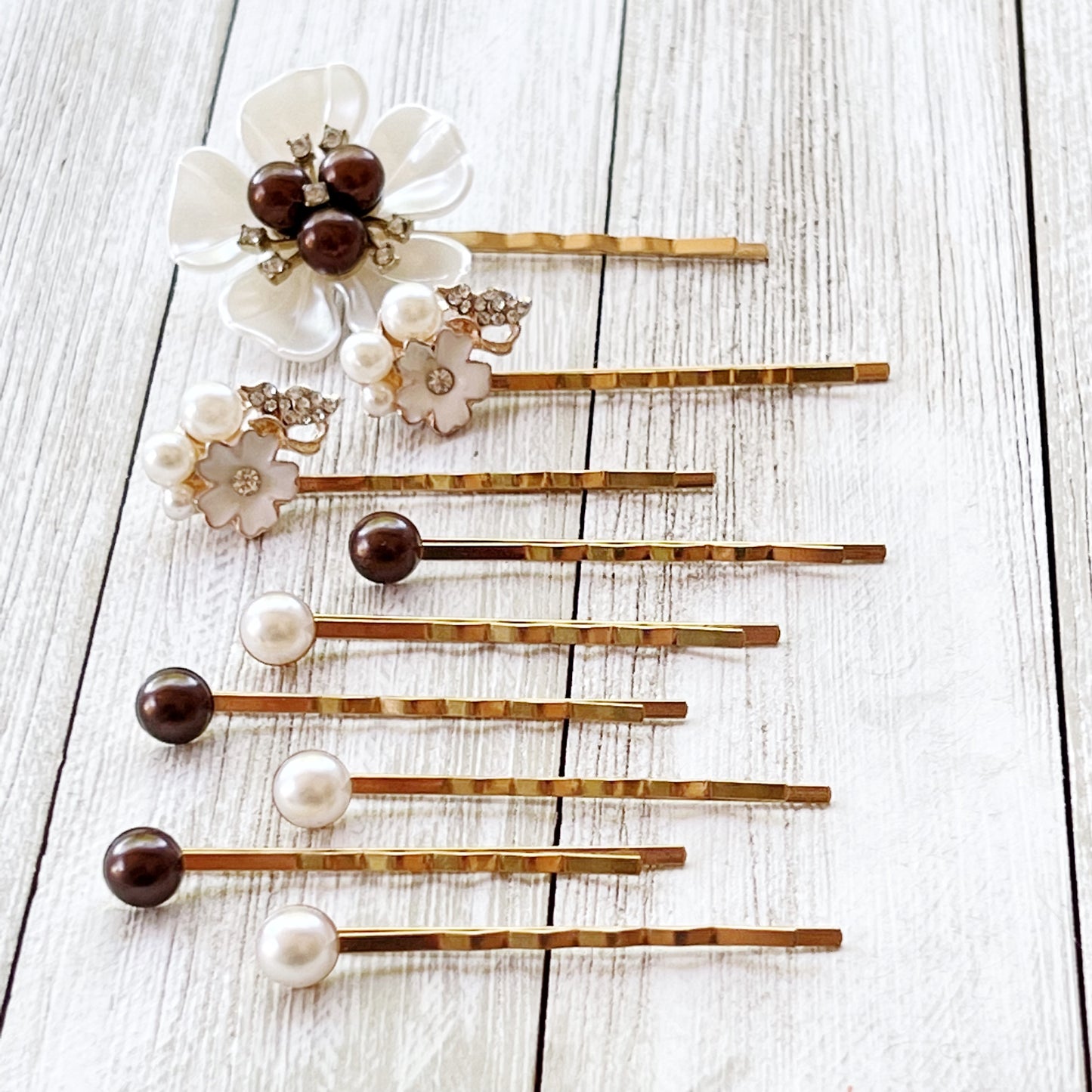 Brown Pearl Bridal Hair Pins Set - Wedding Hair Jewelry for Bride | White Floral, Pearl & Rhinestone Accessories for Elegant Hairstyles