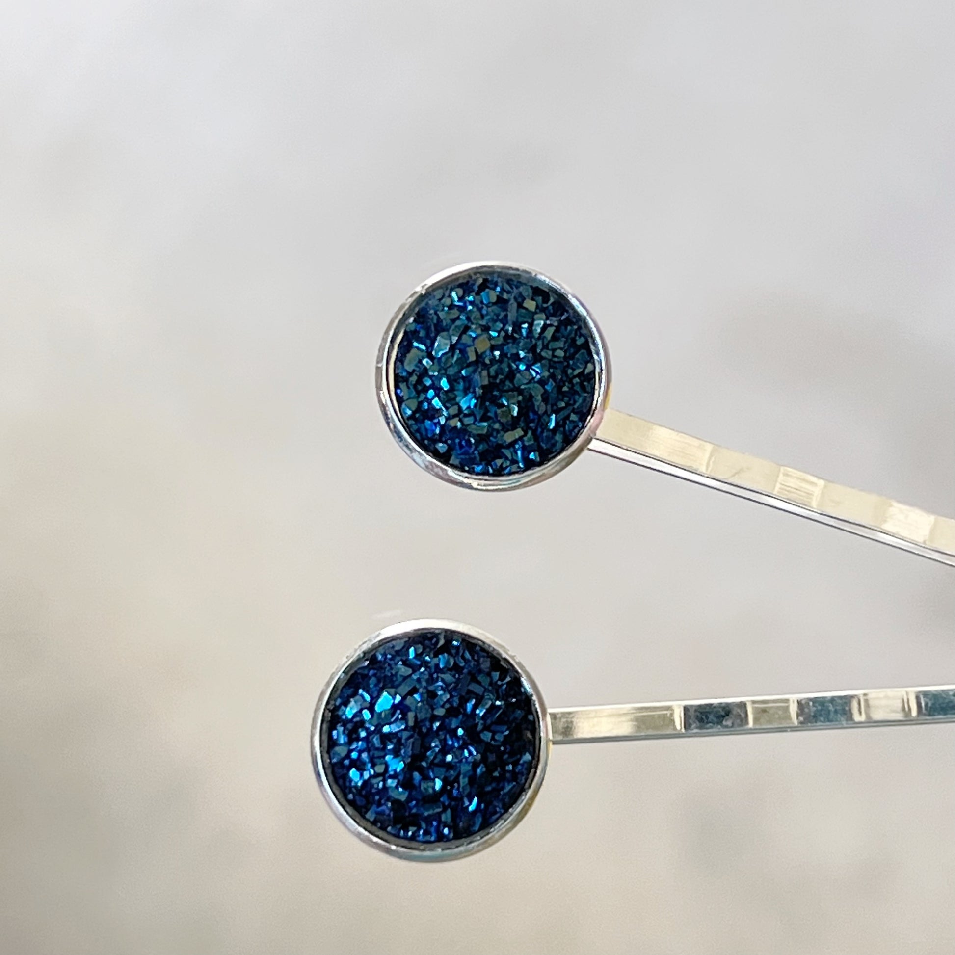 Cobalt Blue Druzy Silver Hair Pins - Elegant Accessories for Stylish Hairdos