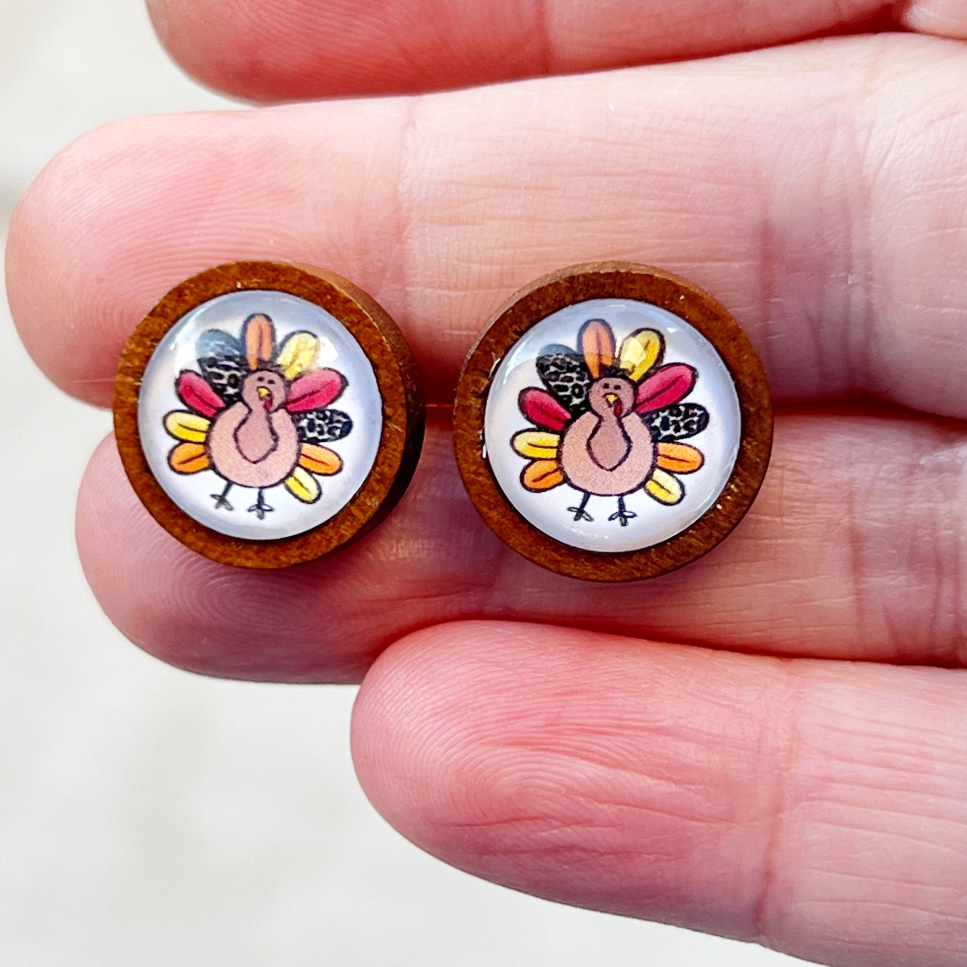 Thanksgiving Turkey Wood Stainless Steel Stud Earring