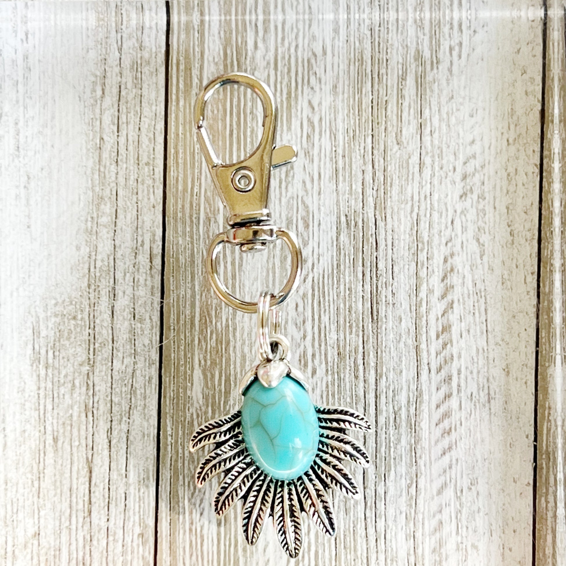 Western Zipper Pull Keychain Purse Charm: Turquoise & Silver Feather Medallion Accent