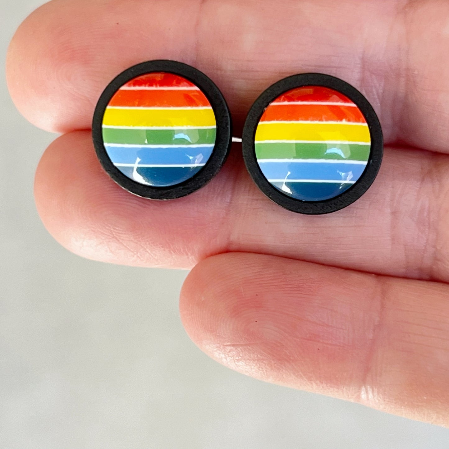 Rainbow Striped Black Wood Stud Earrings - Colorful and Unique Accessories