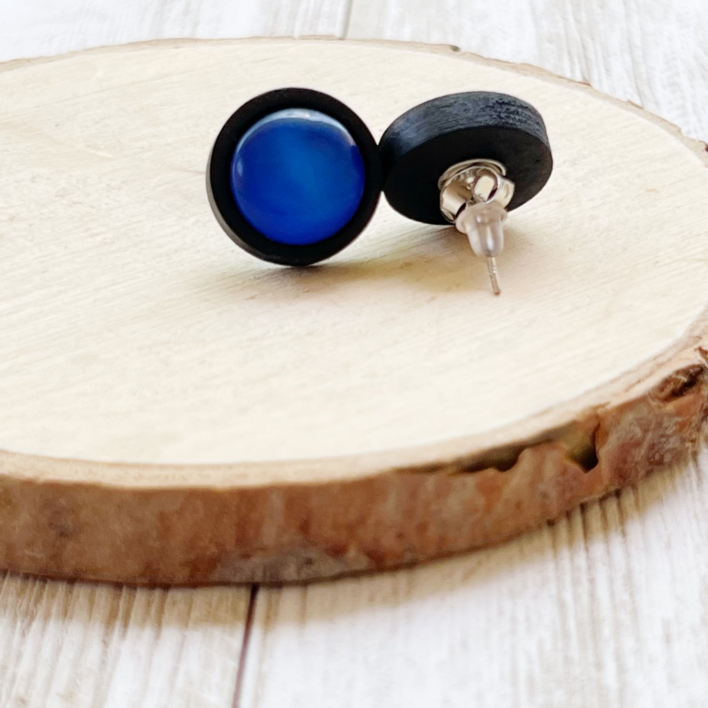 Blue Resin & Black Wood Unisex Stud Earrings - Stylish Contemporary Accessories