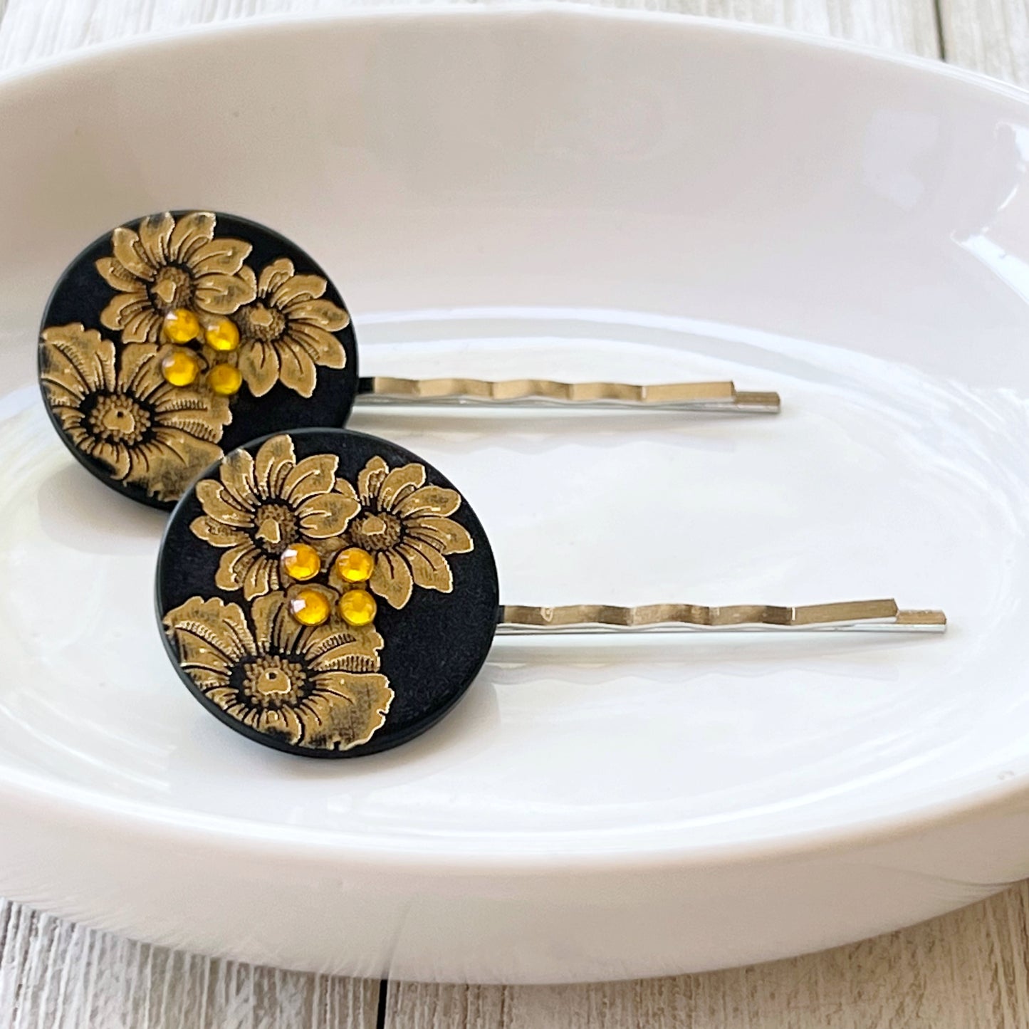 Black & Gold Sunflower Silver Bobby Pins Set - Elegant Floral Hair Accessories