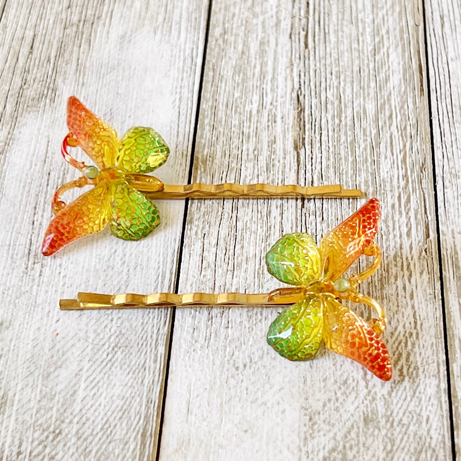 Orange & Green Butterfly Hair Pins: Vibrant Nature-inspired Accessories