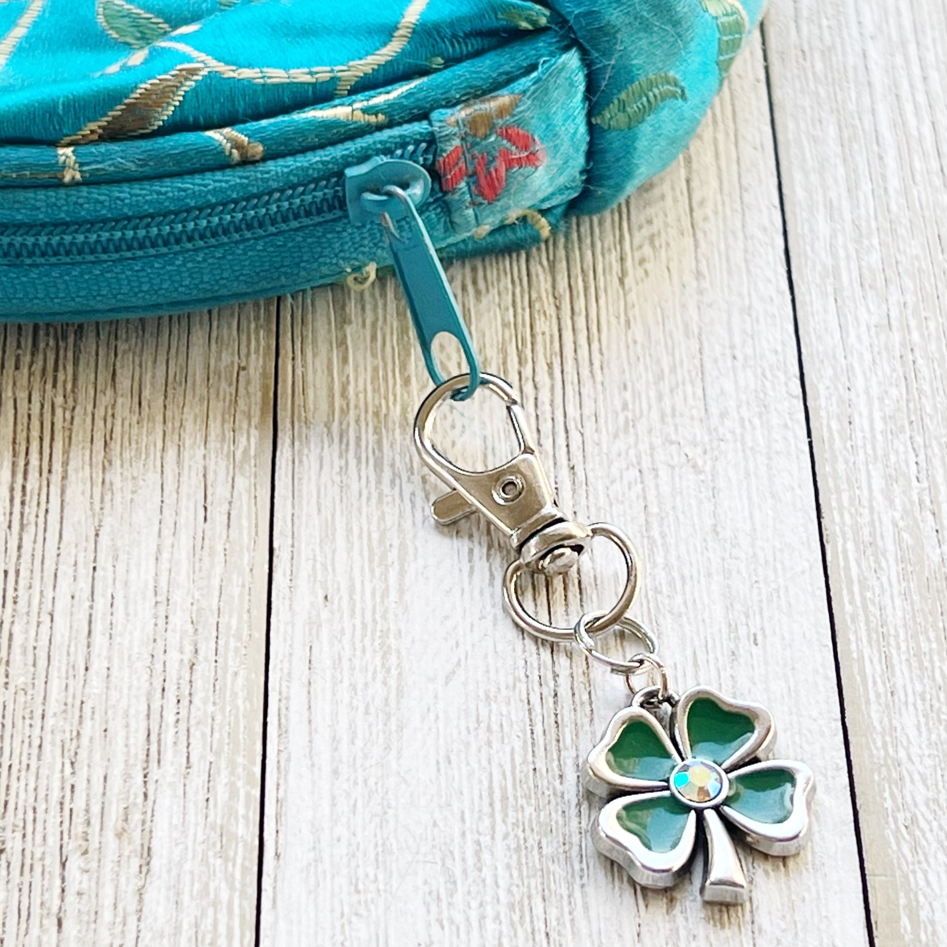 Four Leaf Clover Zipper Pull Keychain Purse Charm - Rhinestone Embellished Lucky Charm