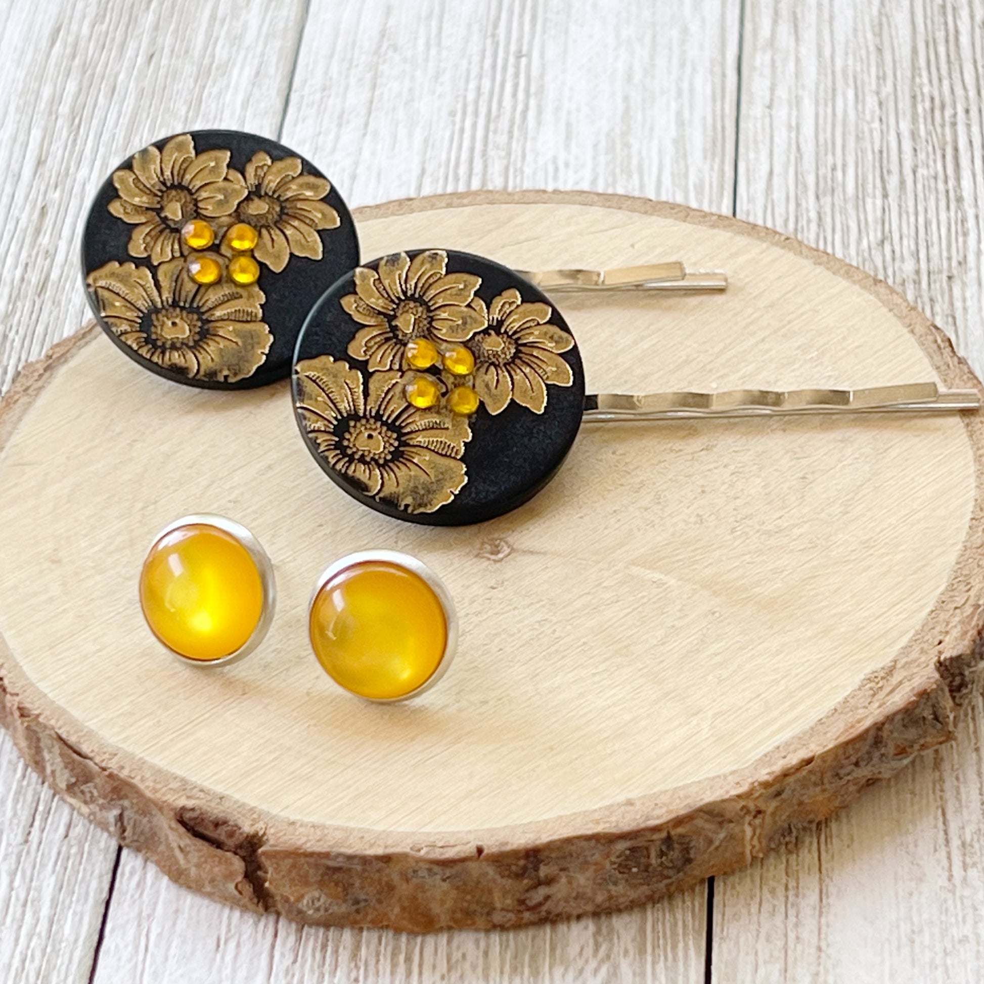 Black & Gold Sunflower Silver Bobby Pin Set with Matching 12mm Earrings - Stylish Floral Accessories