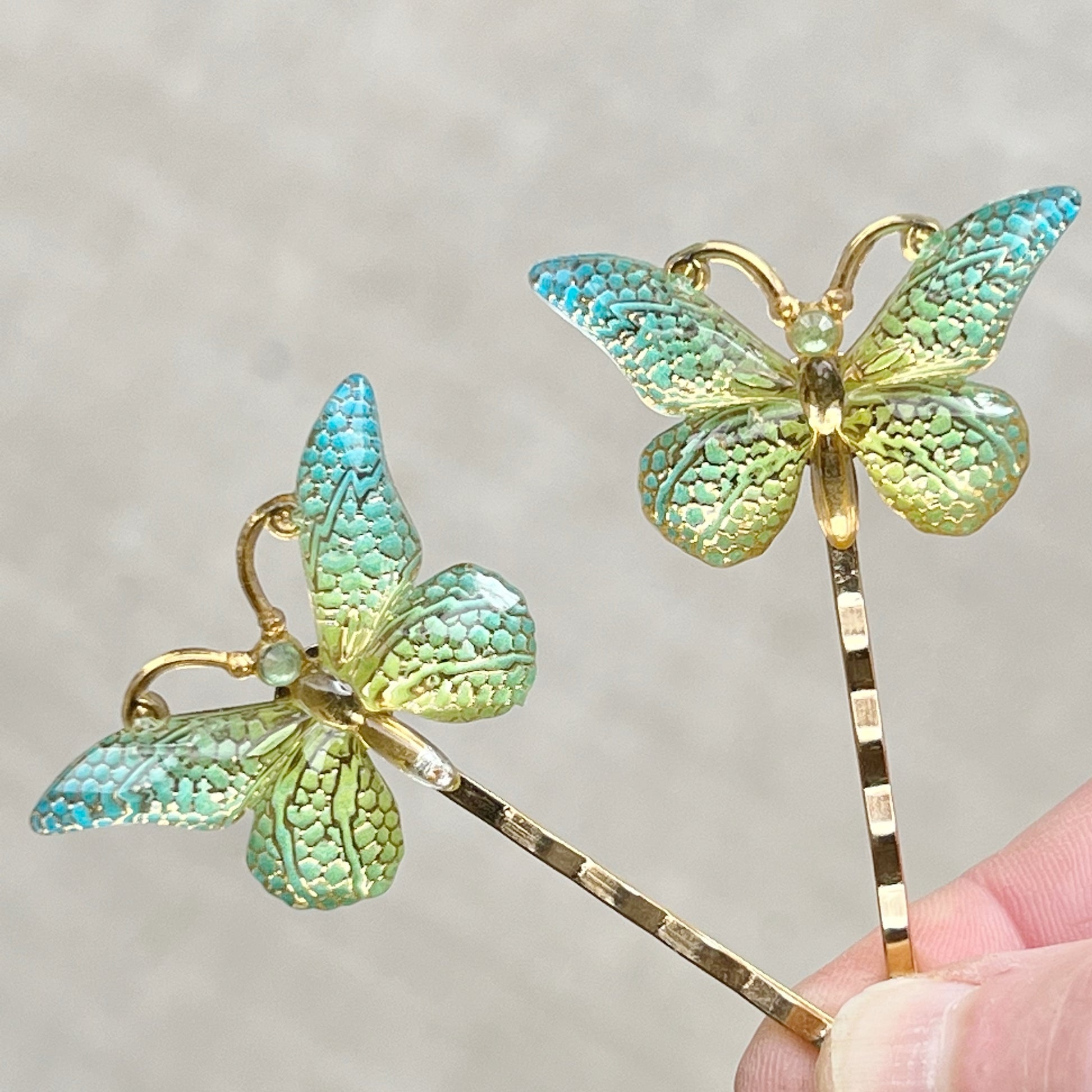 Blue, Green & Gold Butterfly Hair Pins - Elegant and Colorful Hair Accessories