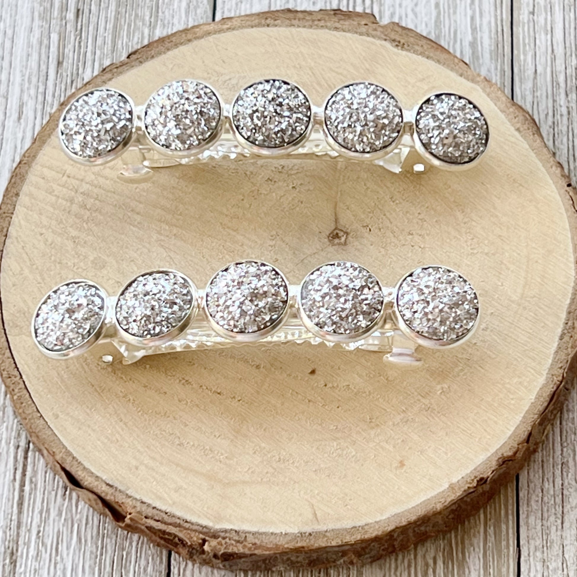 Metallic Silver Druzy Barrettes - Stylish & Elegant Hair Accessories