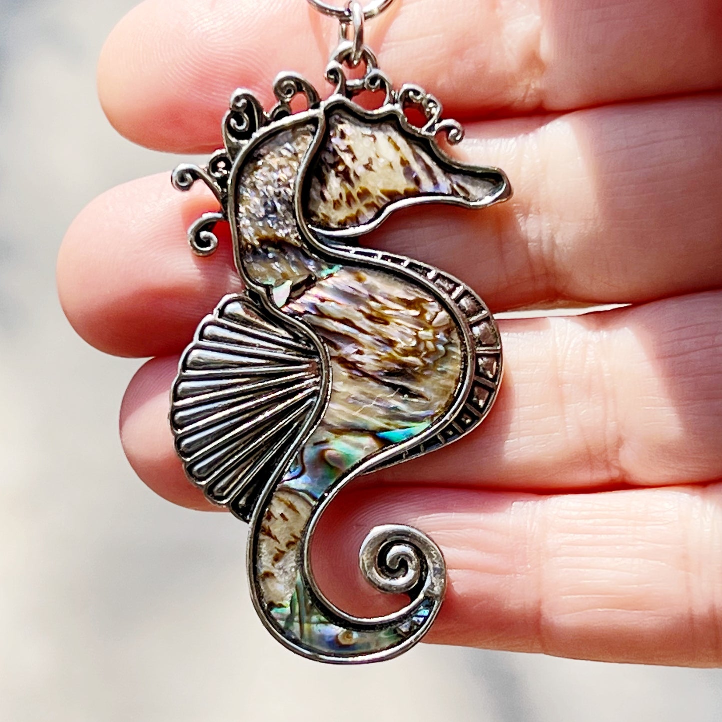 Seahorse Zipper Pull Keychain Charm with Natural Abalone: Coastal Elegance for Your Purse