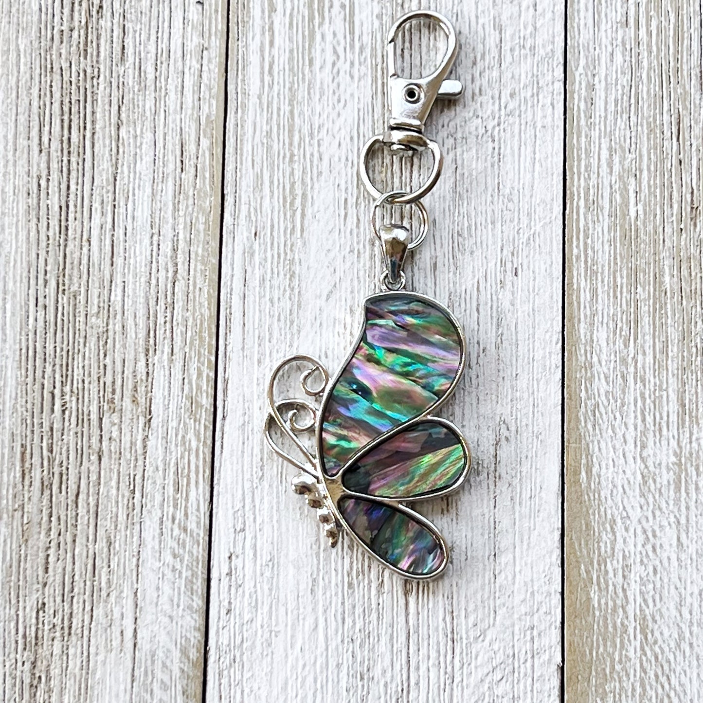 Silver Butterfly Zipper Pull Charm with Natural Abalone