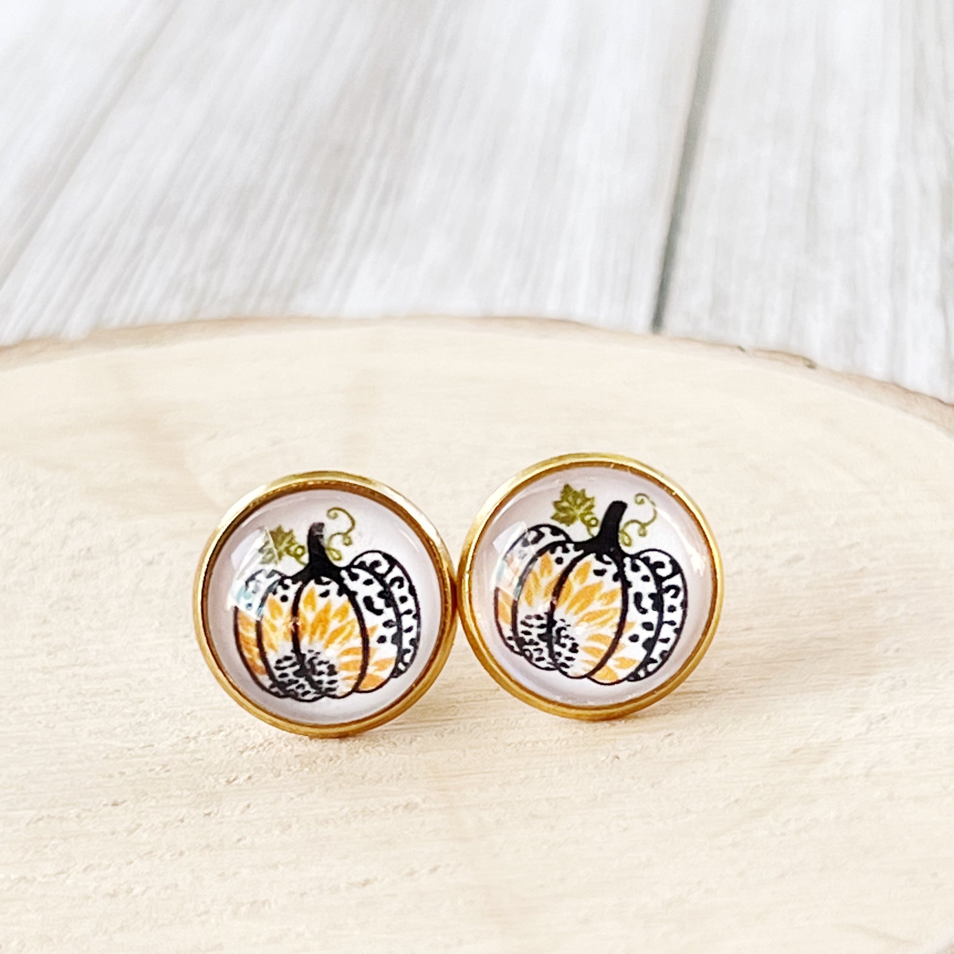 Pumpkin & Sunflower Gold Stud Earrings: Unique Autumn Accents for Your Style