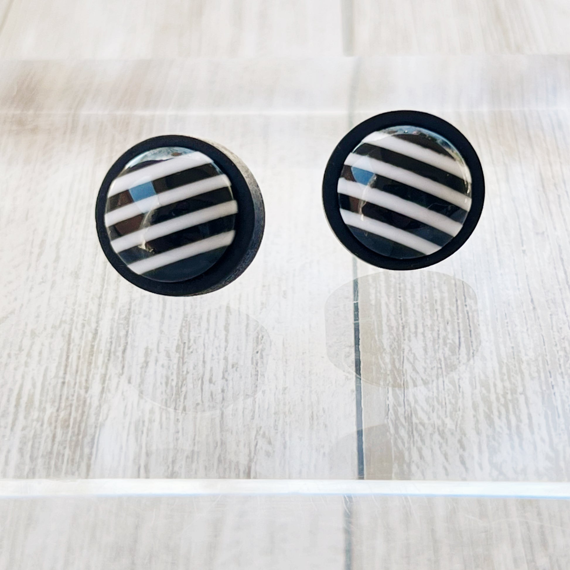 Black & White Large Striped Wood Earrings - Statement Monochrome Accessories