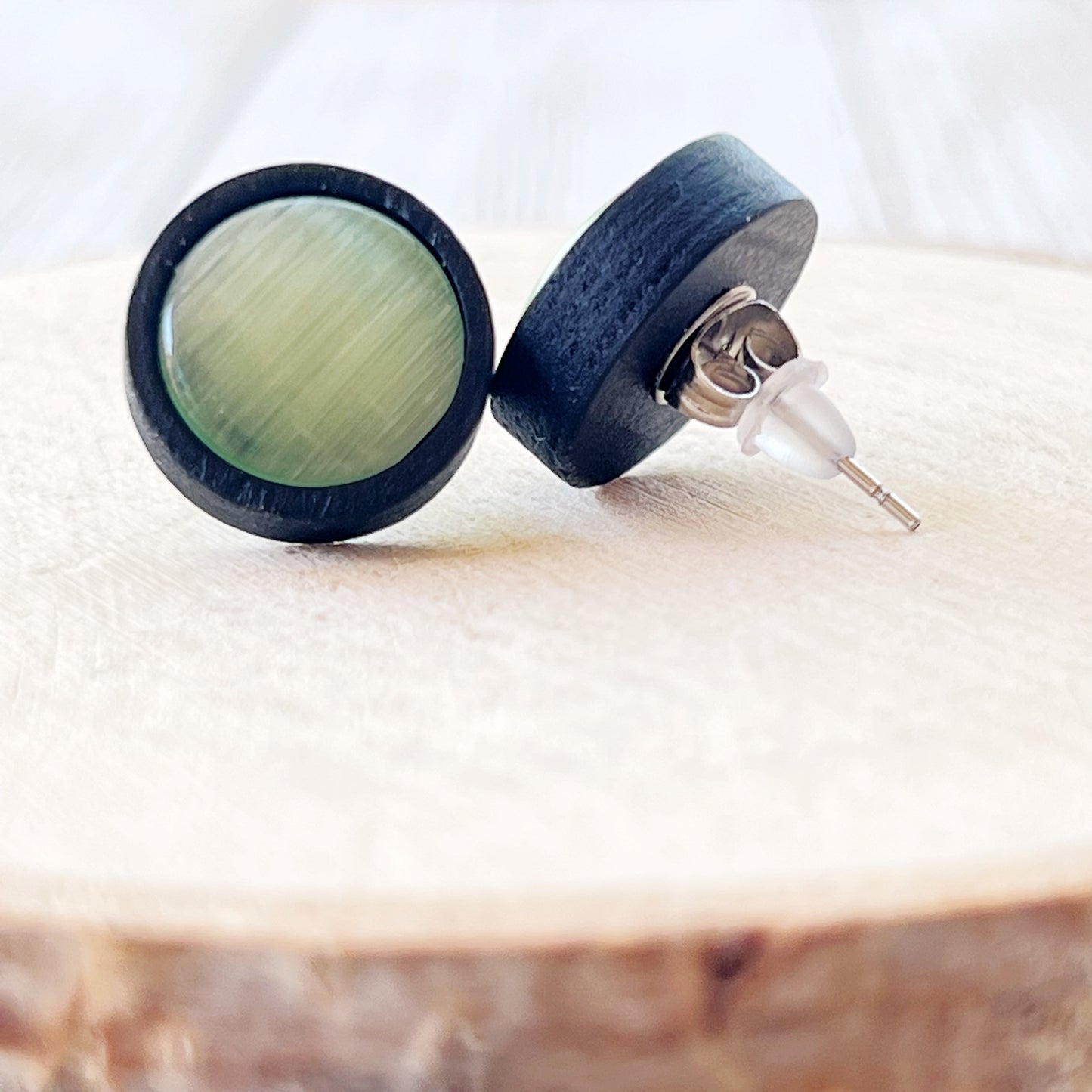 Green Glass Black Wood Unisex Stud Earrings - Stylish & Versatile Accessories