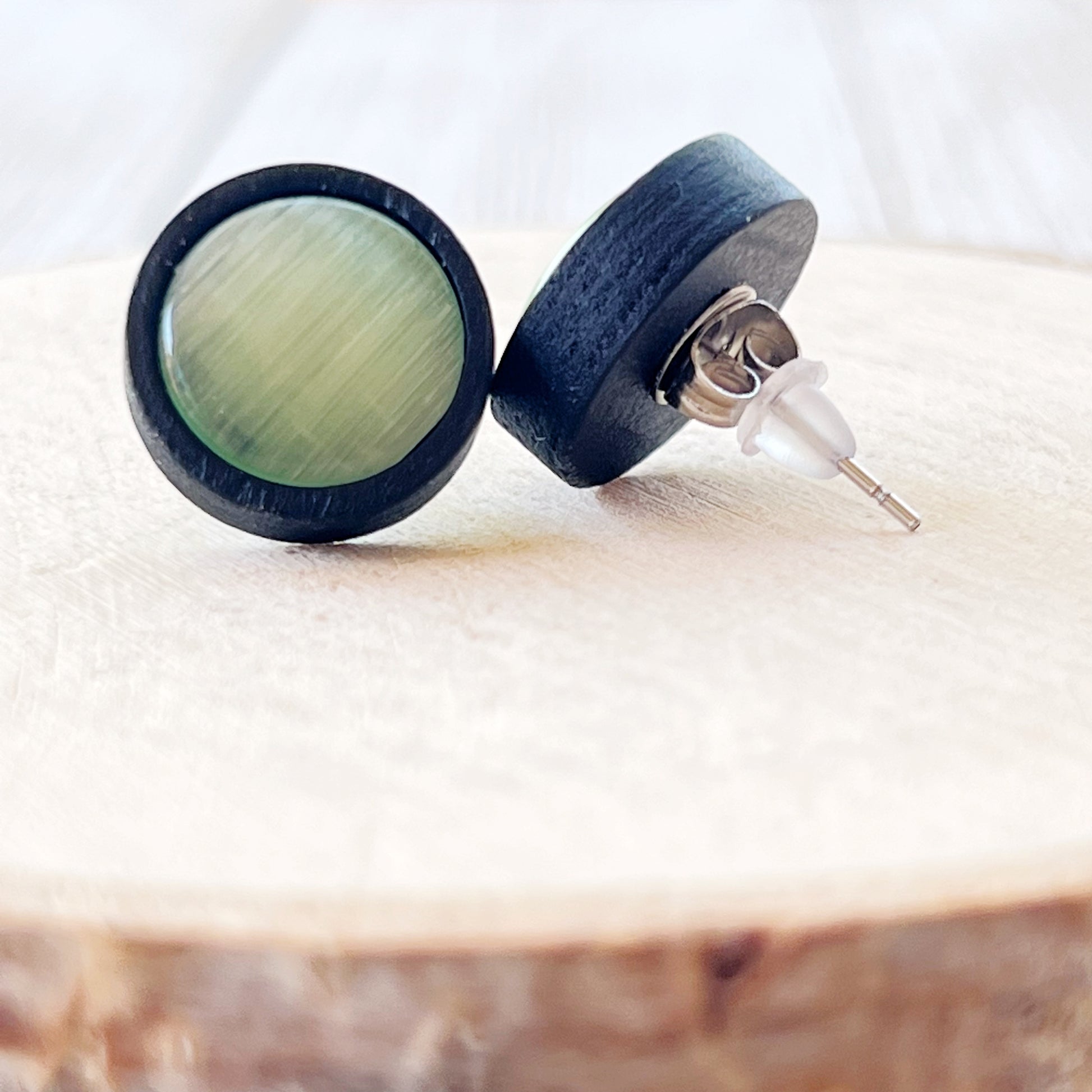 Green Glass Black Wood Unisex Stud Earrings - Stylish & Versatile Accessories