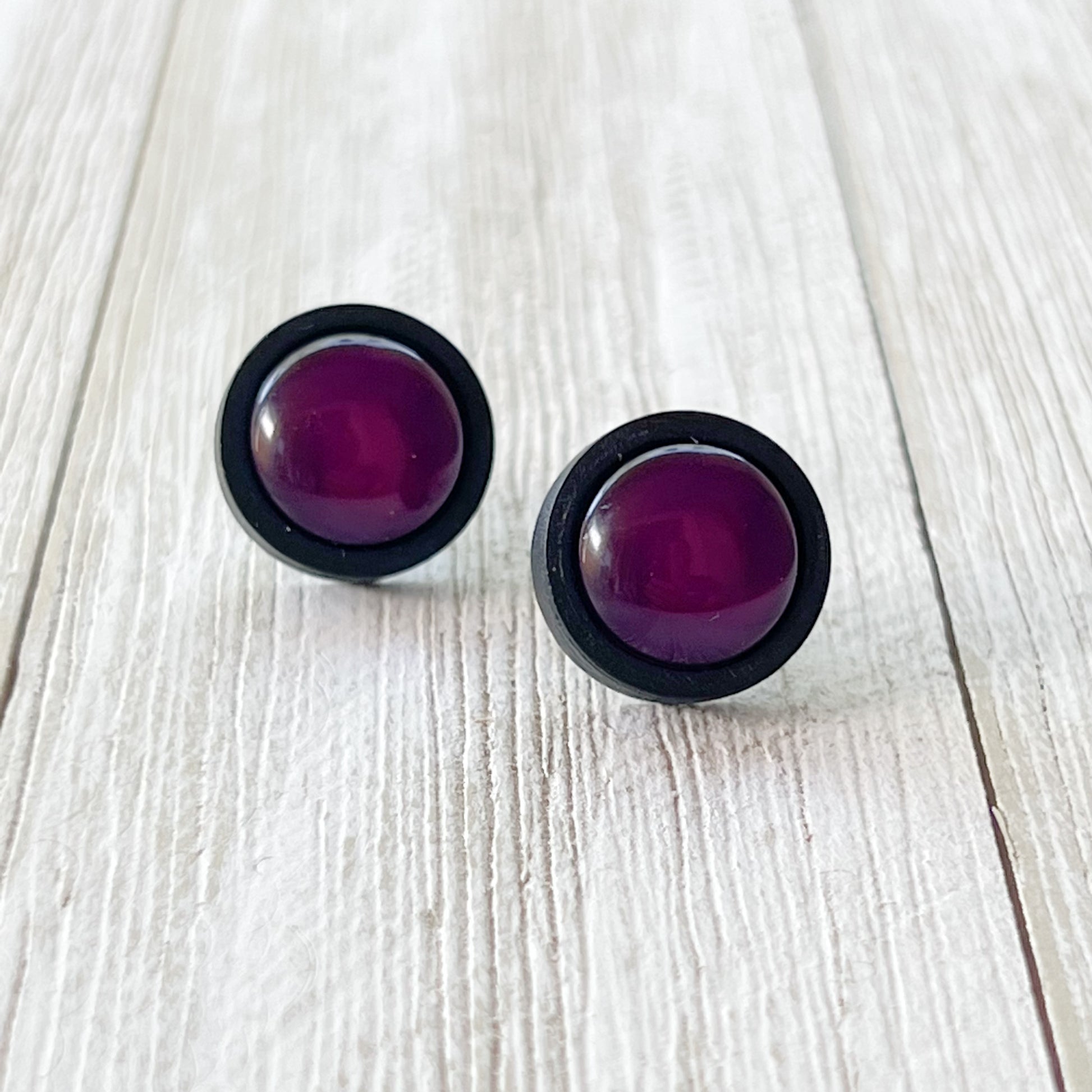 Purple Resin Black Wood Unisex Stud Earrings - Unique & Stylish Accessories