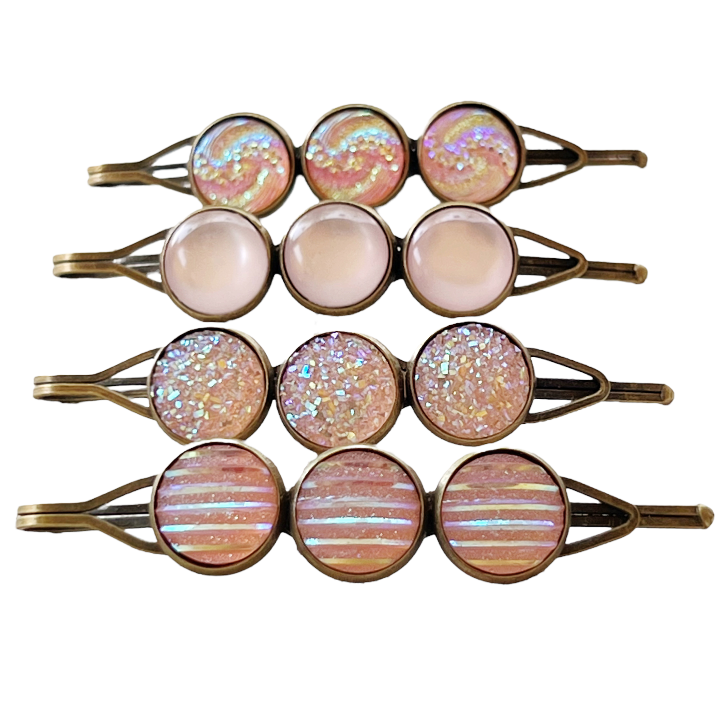 Pink Glitter Druzy Hair Pins - Set of 4 with Unique Pattern Designs