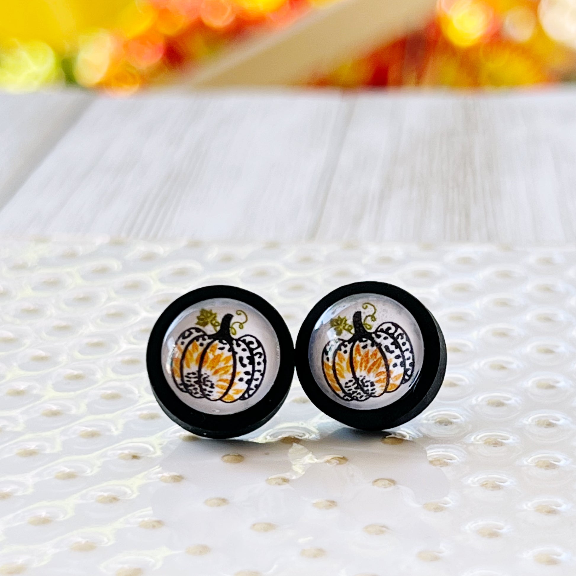 Pumpkin & Sunflower Black Wood Stud Earrings: Unique Autumnal Accents for Your Style