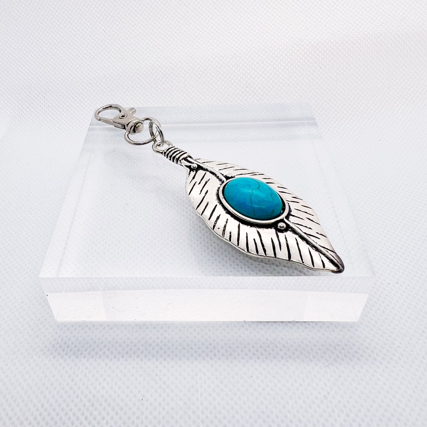 Turquoise Silver Feather Western Zipper Pull Keychain Charm