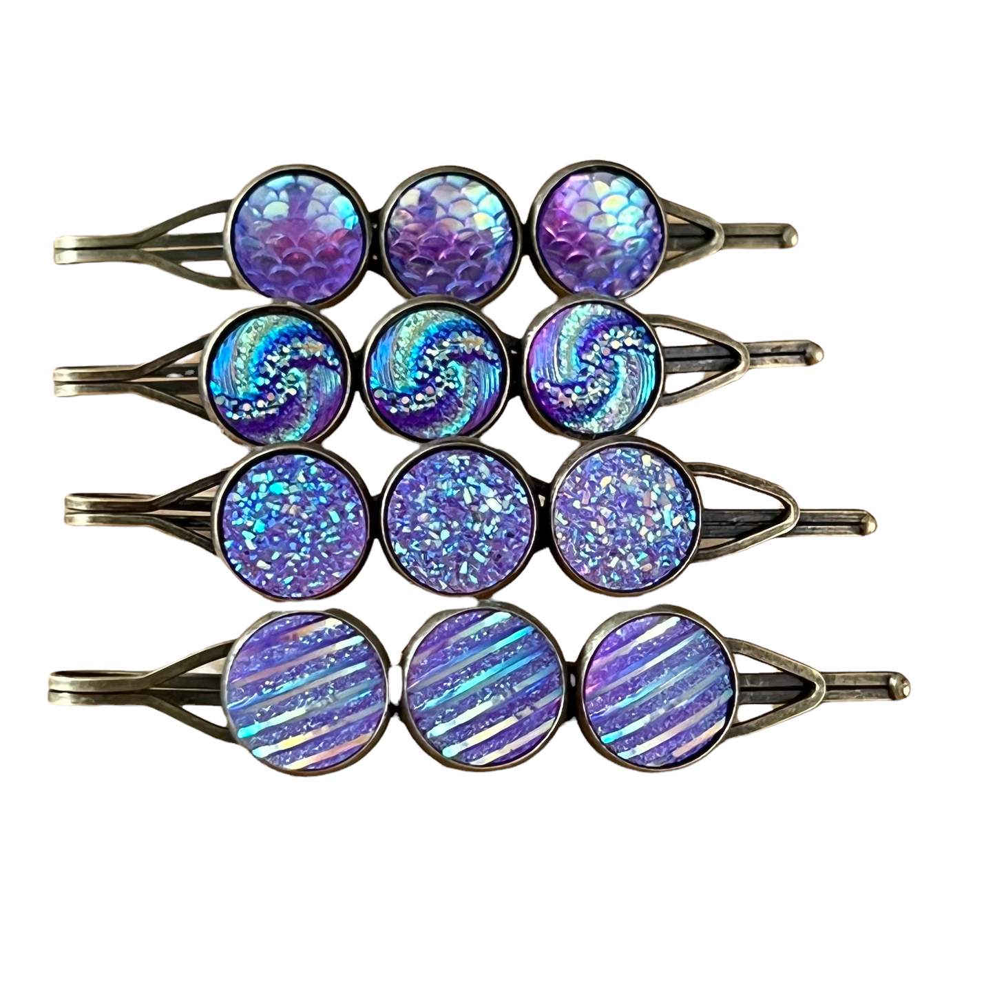 Purple Druzy Hair Pins: Set of 4 Stylish Accessories with Unique Patterns