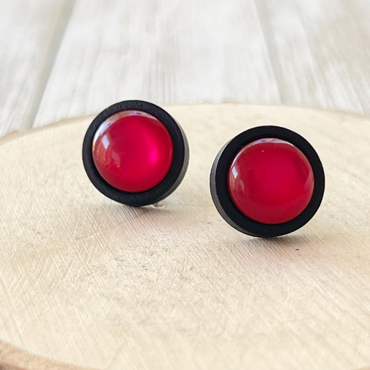 Pink Resin Black Wood Unisex Stud Earrings - Unique & Stylish Accessories