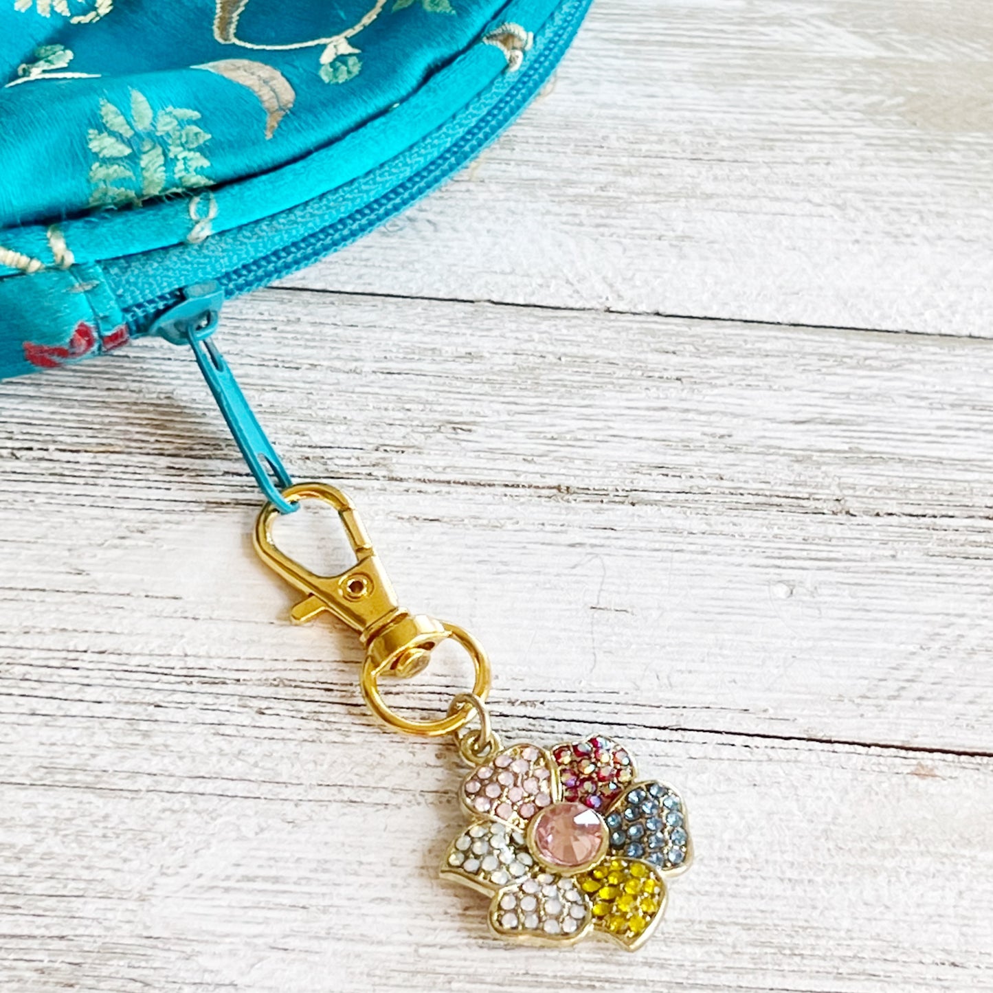 Flower Zipper Pull Keychain Charm with Rhinestones