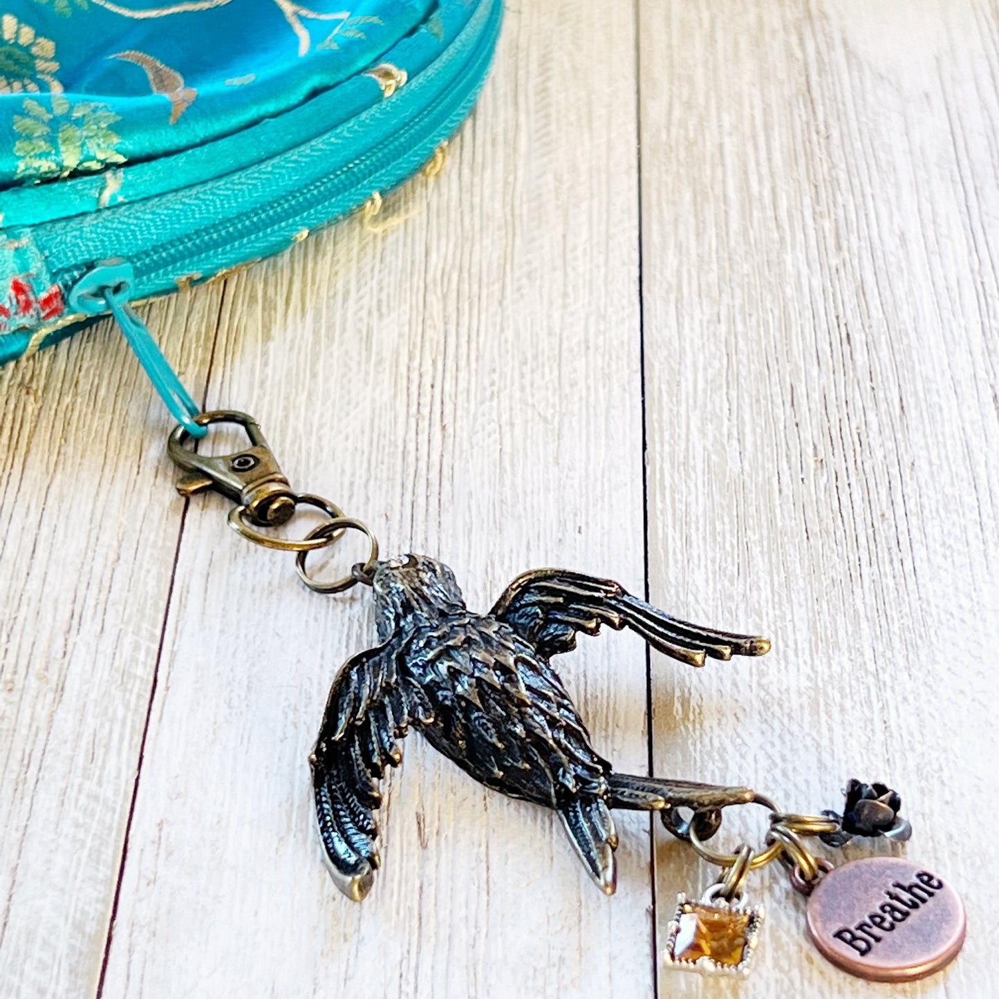 Large Metal 'Breathe' Bird Charm with Rhinestone and Flower Accents - Perfect for Keychain or Purse Decoration