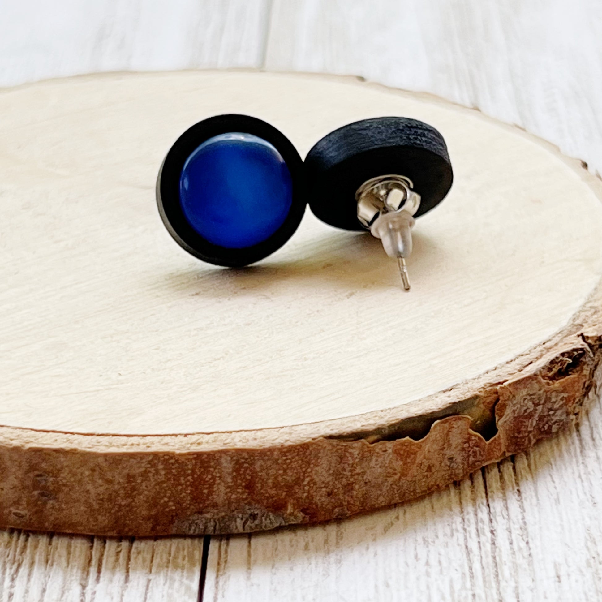 Blue Resin & Black Wood Unisex Stud Earrings - Stylish Contemporary Accessories