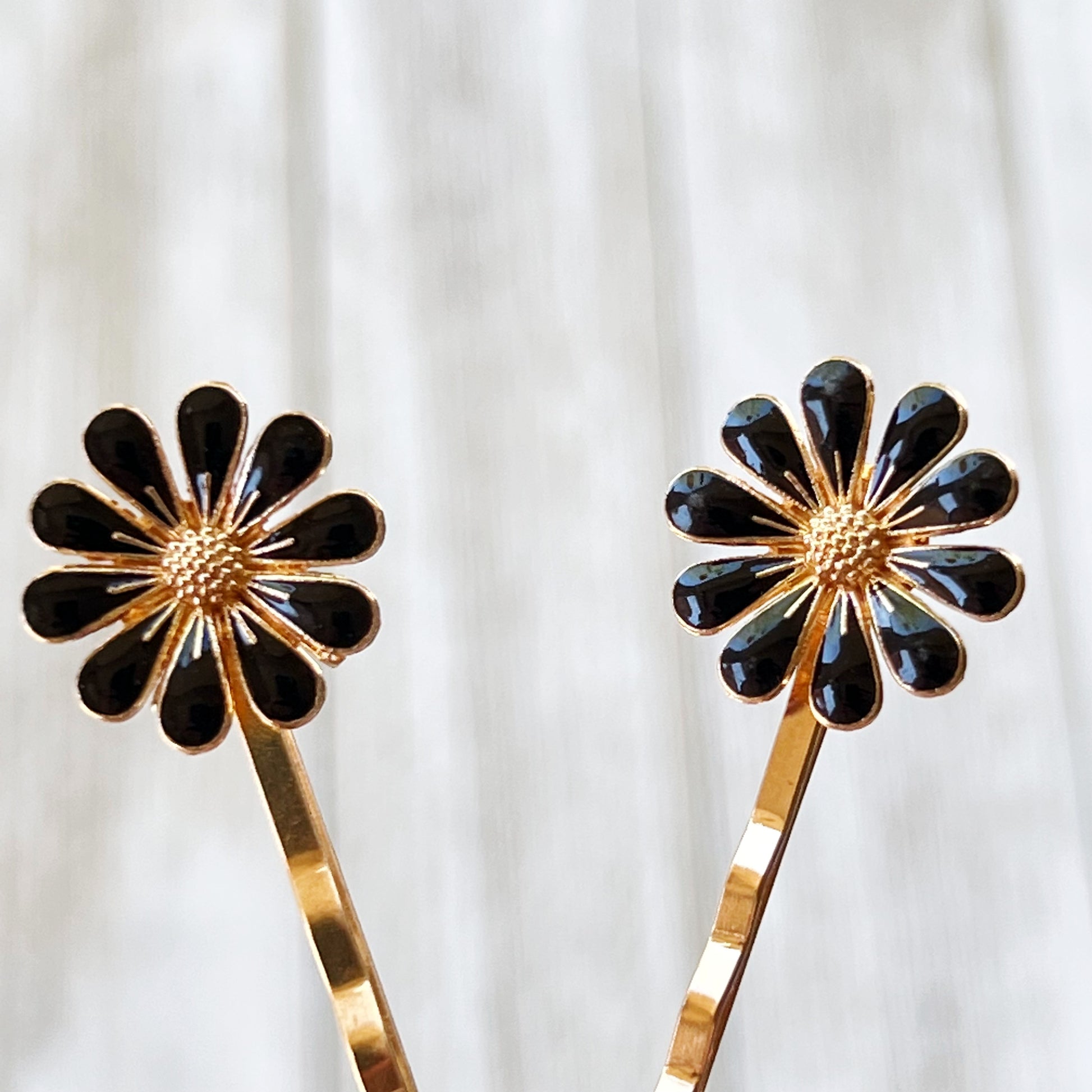 Black Enamel Flower Decorative Gold Hair Pins - Elegant Floral Hair Accessories